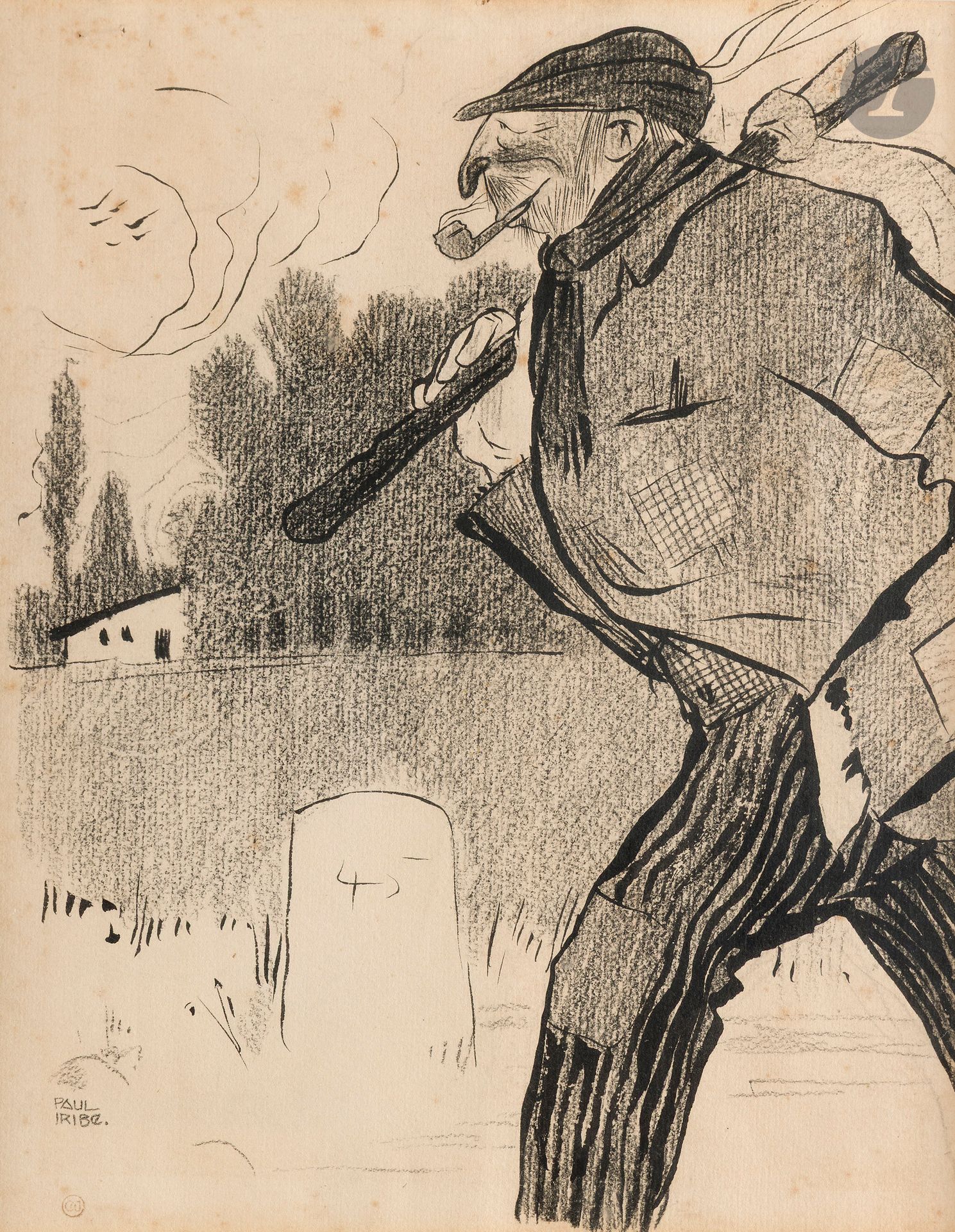 Paul IRIBE (1883-1935) 
The Vagabond 
Ink and charcoal. 
Signed lower left. 
Bears a stamp from the Claudius de Jonge collection lower left (Lugt 4328). 
(Pitting, thumbtack hole). 
30 x 25 cm