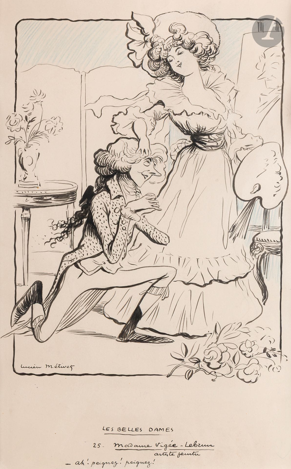Lucien MÉTIVET dit LUC dit LUC (1863-1932) 
Madame Vigée-Lebrun - La Commande - Au Salon des Indépendants 
Trois dessins. Encre, lavis d'encre, fusain. Du crayon bleu sur le premier. 
Les trois signés. Deux légendés. 
40 x 24 cm - 35 x 30 cm - 36 x 29 cm 
 
Le dessin "Madame Vigée-Lebrun" appartient à la série "Les Belles Dames" ; il fut reproduit en couleur en quatrième de couverture du n°395 de la revue Le Rire, publié le 31 mai 1902, avec la légende : "- Ah ! Peignez ! Peignez !". 
Le dessin "La Commande" fut reproduit en couverture du n°387 du Journal amusant du 24 novembre 1906, avec la légende : "- Maintenant, il est bien entendu que vous n'allez pas nous faire le portrait de notre demoiselle en impressionnisme, mon mari et moi nous la préférons au pastel".