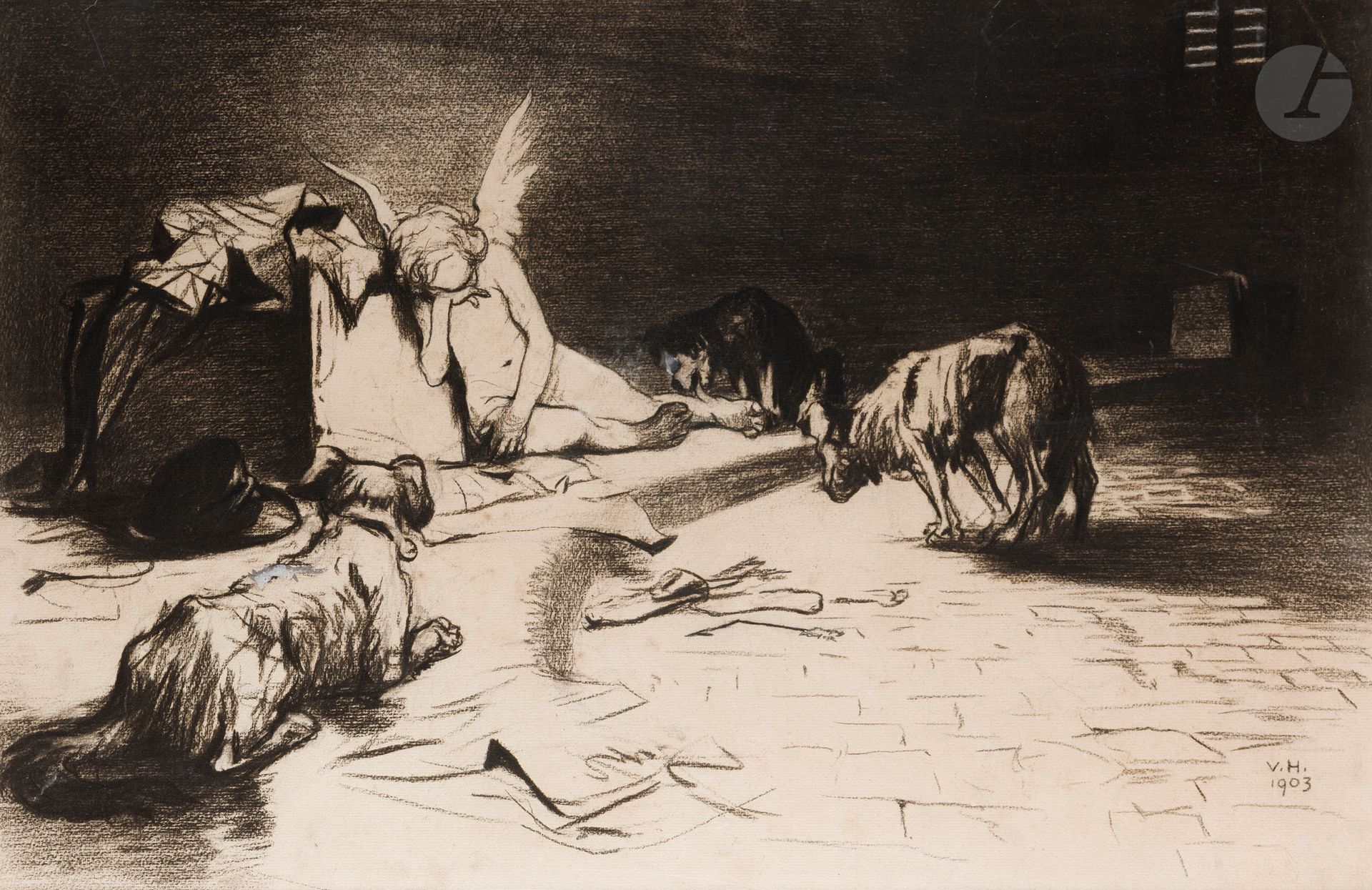 Vaclav HRADECKÝ (1867-1940) 
La Mort d'Éros, 1903 
Fusain et rehauts de gouache blanche. 
Monogrammée et datée en bas à droite. 
(Petites déchirures). 
37 x 58 cm 
 
Ce dessin fut reproduit sur une double page dans le n°141 de l'Assiette au beurre du 12 décembre 1903, intitulé "Messes noires" et réalisé par Orazi et Hradecký avec cette légende : 
"Ainsi meurtri par les assauts  
De l'Or et du mensonge austère  
(ses ennemis héréditaires)  
L'Enfant le plus beau de la Terre  
Un soir, sinistre et solitaire,  
Mourra dans un sale ruisseau." 
D'origine tchèque, Hradecký se forme à Prague puis arrive à Paris au début du XXe siècle, où il rejoint une communauté de peintres tchèques (Jan Dedina, František Kupka, Alphonse Mucha...). Plusieurs collaborent alors à des périodiques illustrés, notamment L'Assiette au beurre, de sensibilité anarchiste. Hradecký illustre trois numéros complets de la revue pendant l'année 1903, et continue à y livrer des dessins jusqu'en 1905.