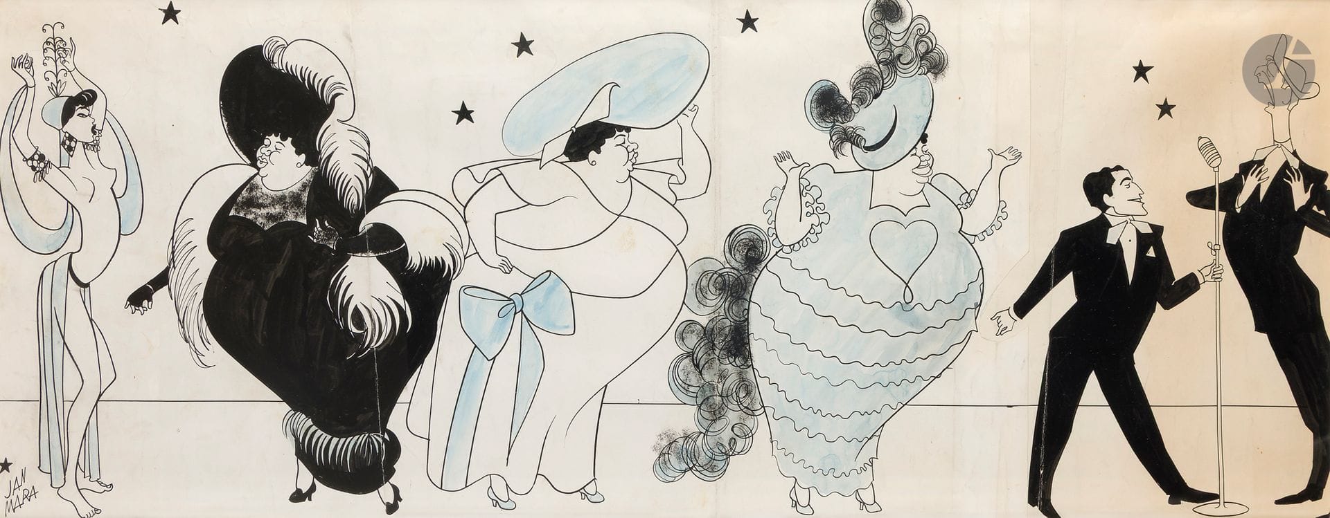Jean MALAVERGNE dit Jan MARA (1912-1992) 
Le Concert 
Encre, aquarelle et collage. 
Signée en bas à gauche. 
(Plis, taches). 
31 x 85 cm