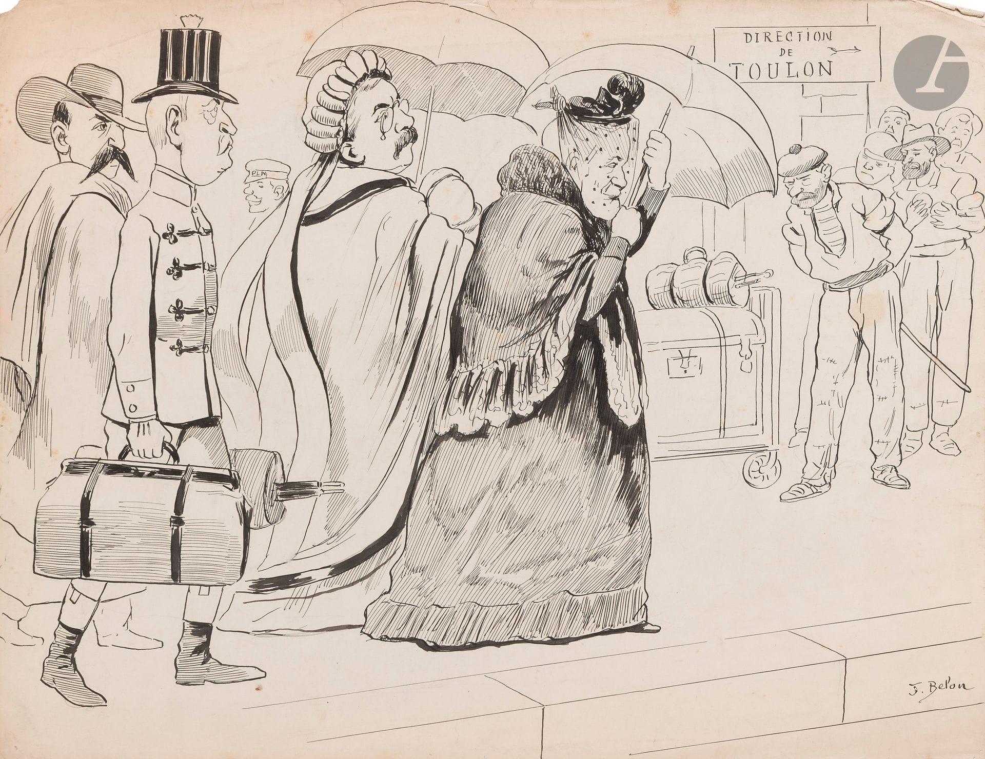 José BELON (1861-1927)
Voyage présidentiel - Prudent incognito
Encre.
Signée en bas à droite.
(Taches et manque dans l'angle supérieur gauche).
32.5 x 42 cm

Ce dessin a été publié dans L'Album de l'Intransigeant en 1902.