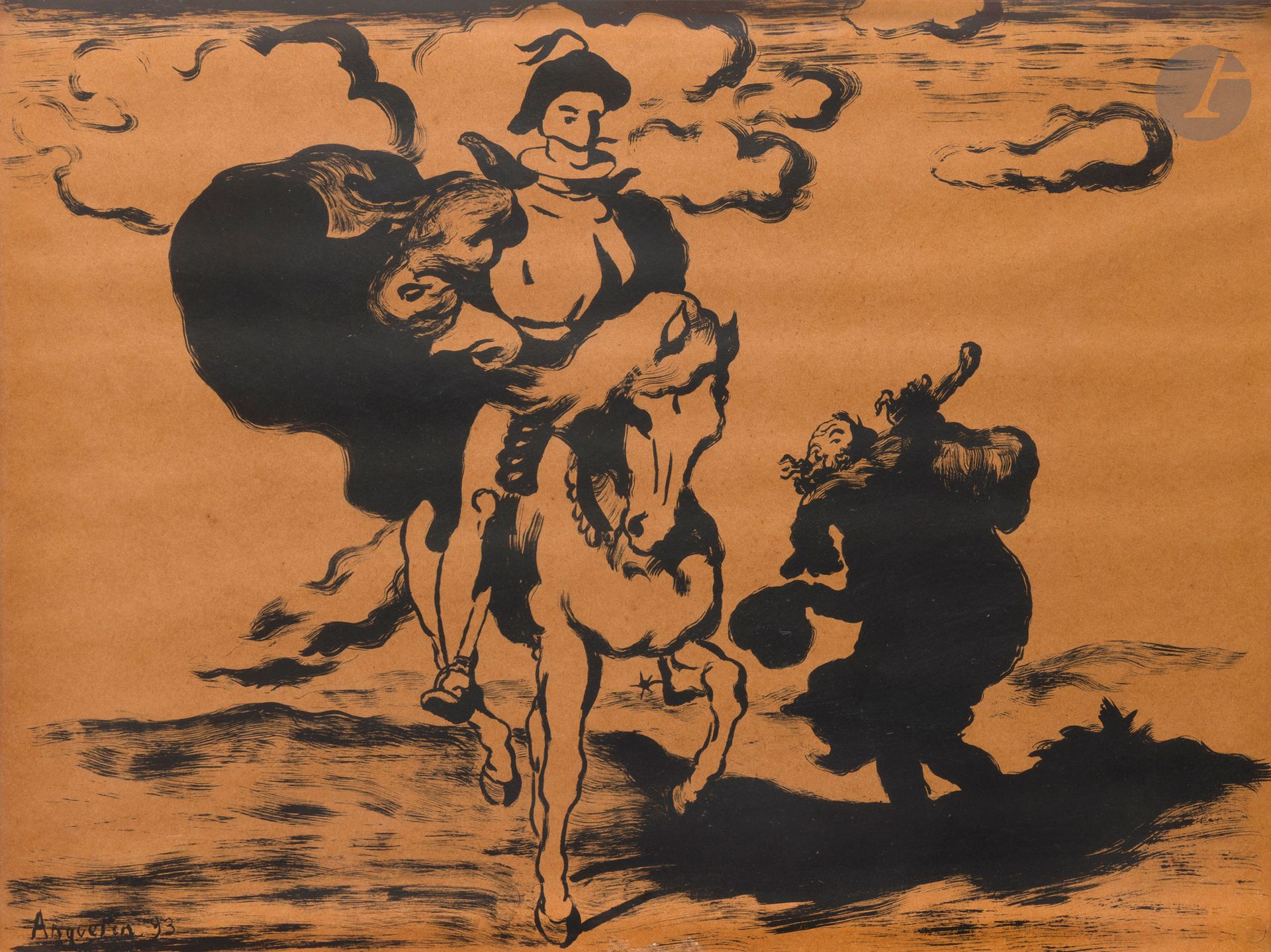 Louis ANQUETIN (1861-1932) 
Don Quichotte et Sancho Panza, 1893 
Lithographie. 
Signée et datée dans la planche. 
36 x 50 cm 
 
Cette planche fut réalisée pour L'Estampe originale.