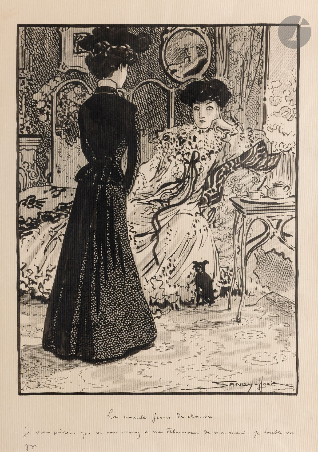 Sandy HOOK (1879-1960) 
The New Coachman - The New Chambermaid 
Two inks and ink wash. 
Signed and captioned. 
(Creases, small thumbtack holes). 
Approx. 40 x 30 each.