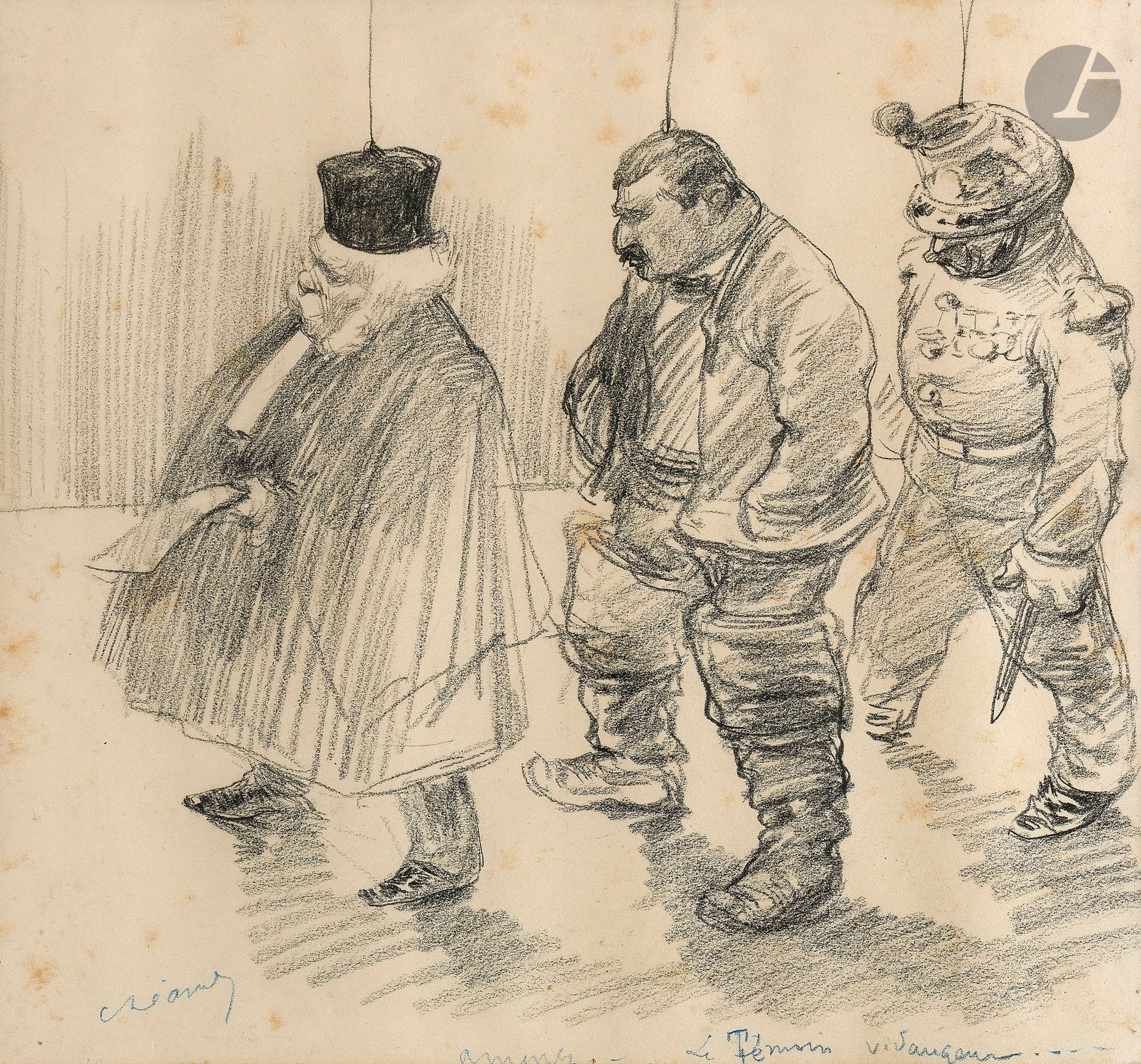 Charles LÉANDRE (1862-1934) 
Amenez le témoin vidangeur 
Fusain. 
Signée et titrée. 
(Rousseurs) 
29 x 32 cm
