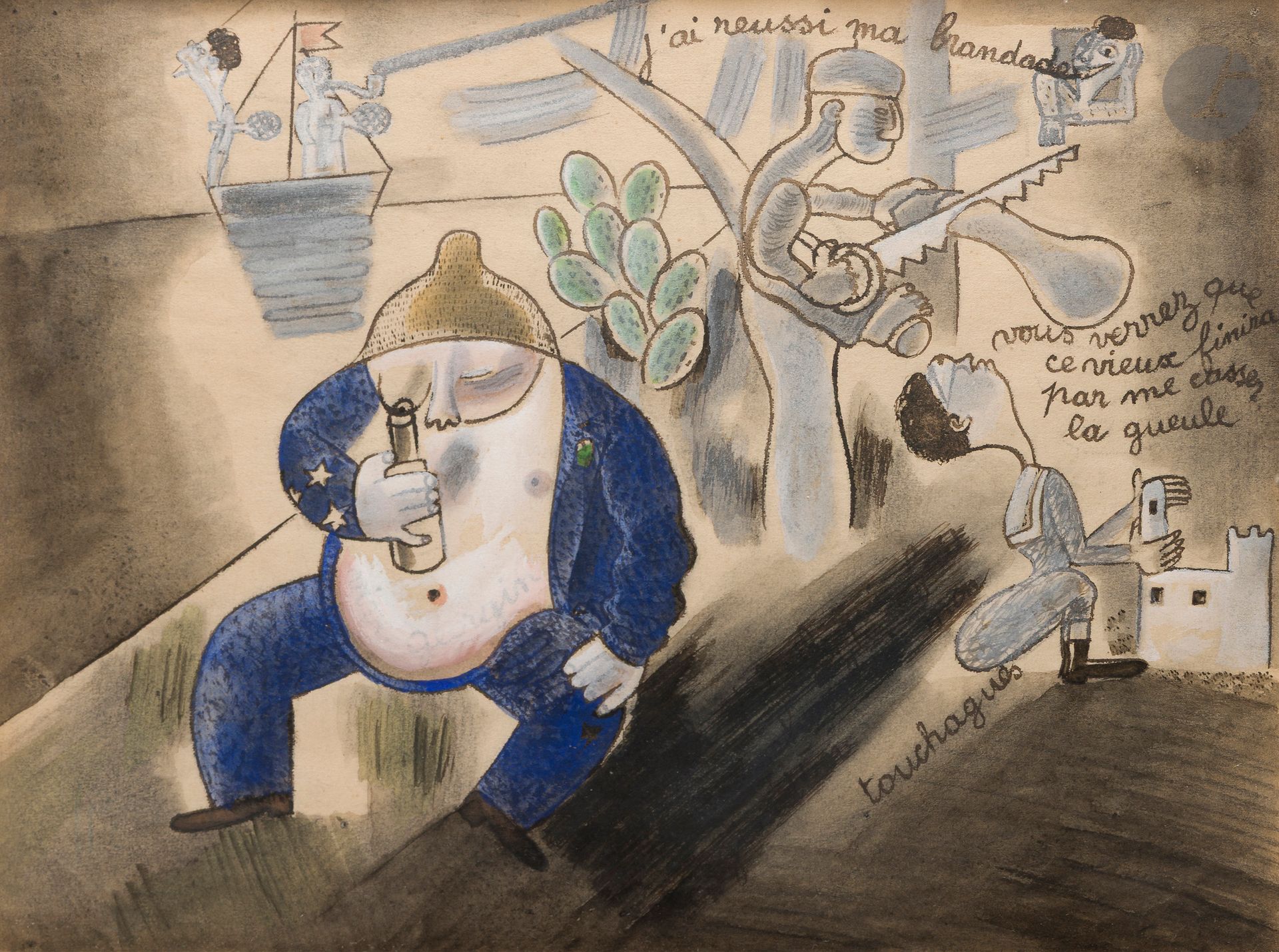 Louis TOUCHAGUES (1893-1974) 
J'ai réussi ma brandade 
Encre, lavis d'encre, aquarelle et rehauts de gouache. 
Signée en bas à droite.  
Légendée dans la composition : "J'ai réussi ma brandade / Vous verrez que ce vieux finira par me casser la gueule". 
24 x 32 cm