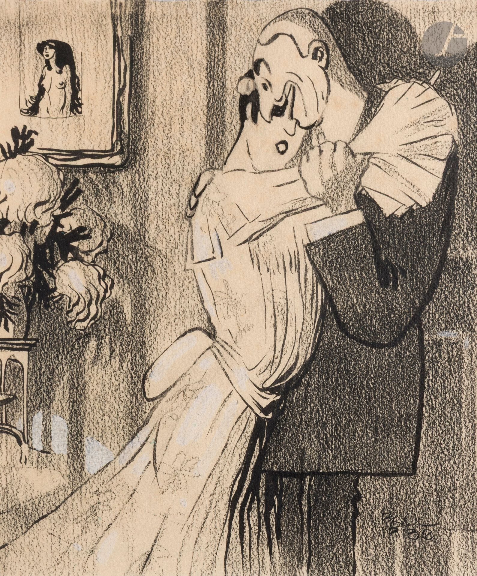 Paul IRIBE (1883-1935) 
The Embrace 
Charcoal and gouache highlights. 
Signed lower right. 
22 x 19 cm