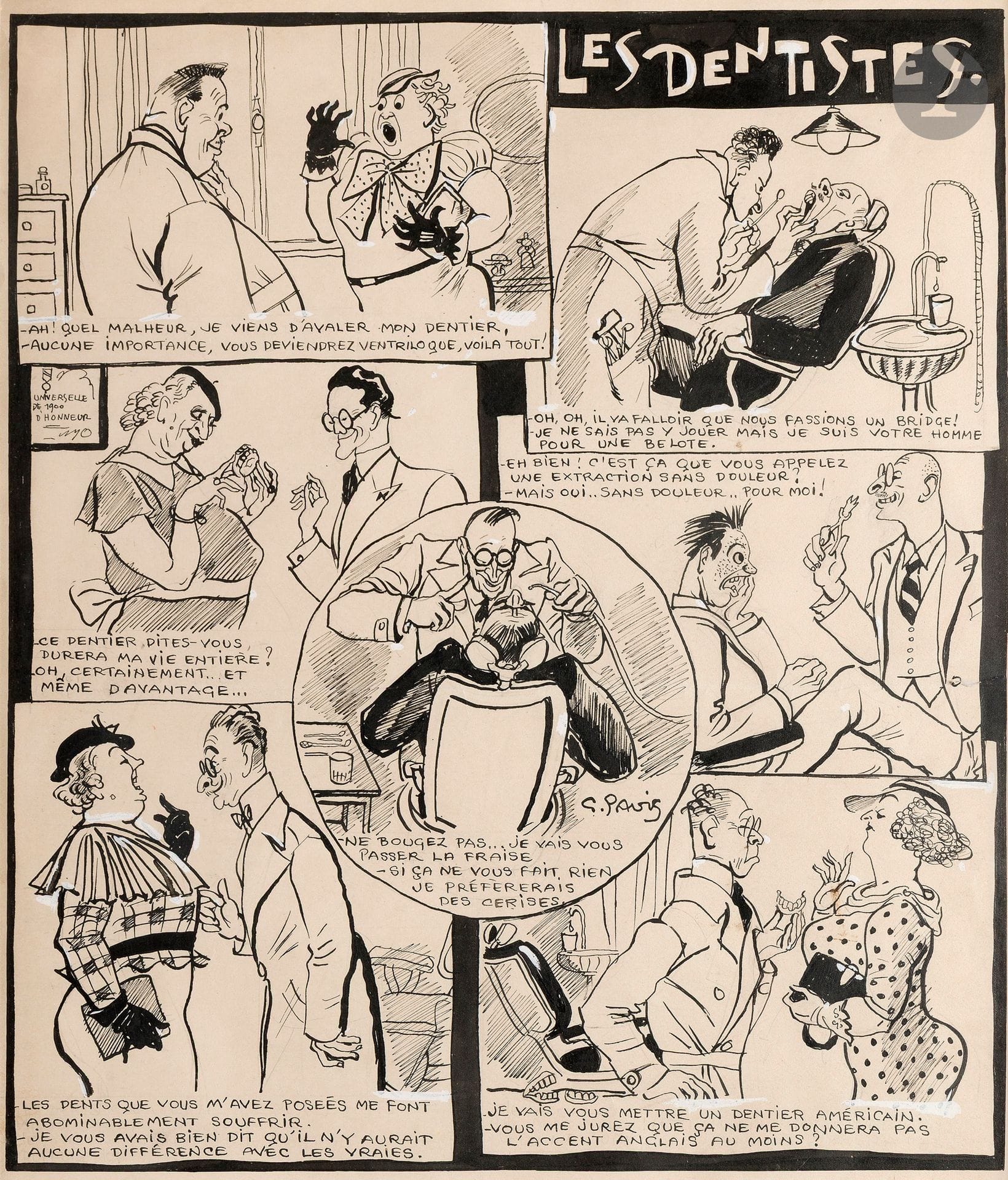 Georges PAVIS (1886-1951) 
The Dentists 
Ink and white gouache highlights. 
Signed in the composition. 
Signed. 
39 x 34 cm