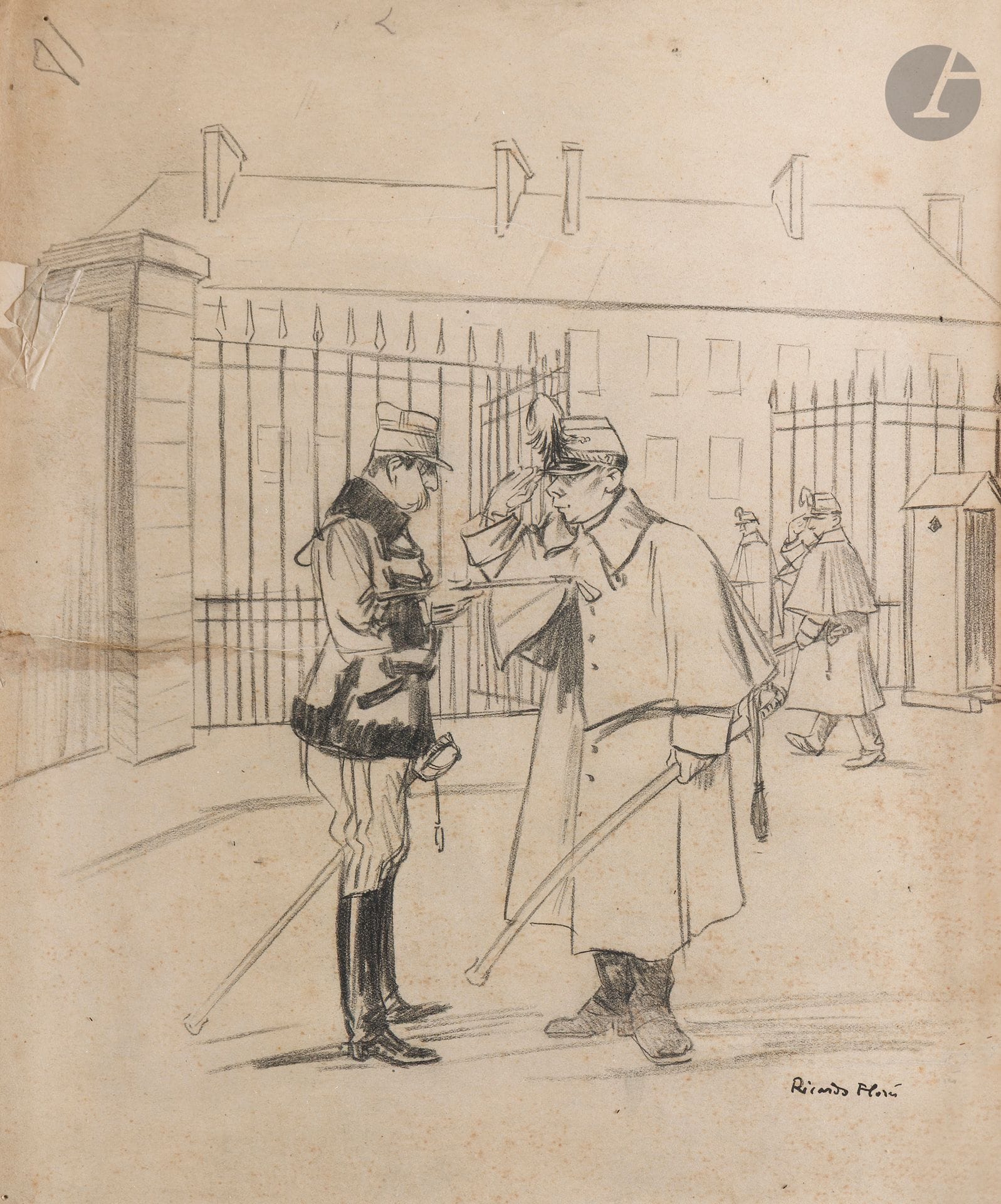 Ricardo FLORÈS (1878-1918) 
Le Bidard 
Crayon noir sur papier contrecollé. 
Signé en bas à droite. 
Légendé en pied : "- Vous êtes consigné à la chambre et je vous trouve dehors... Expliquez-moi ça - C'est simple mon capitaine, j'ai jamais été un bidard, j'peux pas sortir sans vous éviter !" 
(Déchirures, piqures). 
33 x 27 cm 
 
Le bidard en langage populaire est celui qui a de la chance.