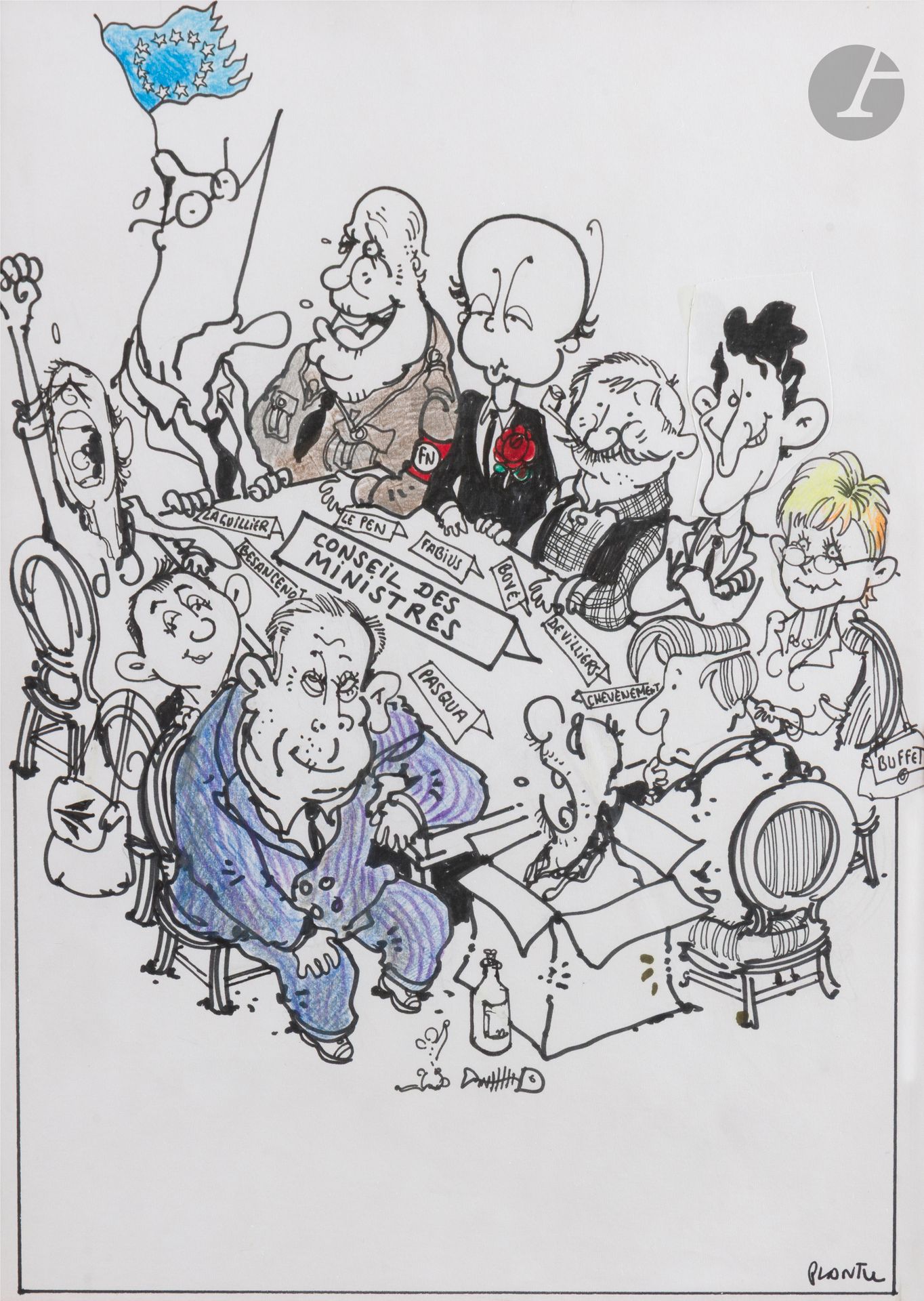 Jean PLANTUREUX dit PLANTU (né en 1952)
Conseil des Ministres
Feutre et crayon de couleurs.
Signé en bas à droite.
28 x 20 cm