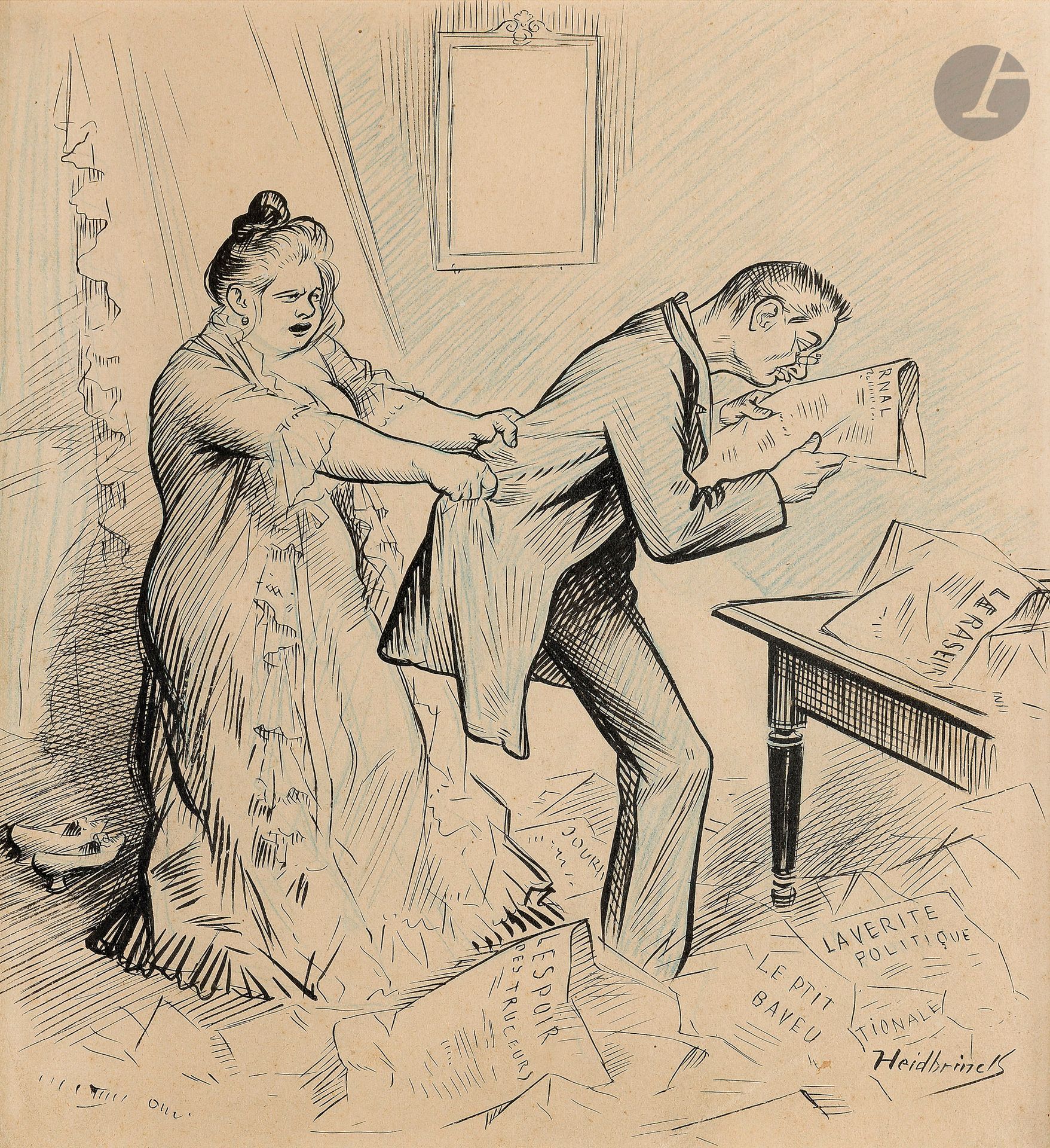 Oswald HEIDBRINCK (1860-1914) 
La folie du jour 
Encre et crayon bleu. 
Signée en bas à gauche. Légendée en pied "- Mais viens donc déjeuner, mon chéri ! - Laisse-moi, ces expériences d'aviation sont tellement passionnantes que je n'ai pas faim." 
28 x 26 cm 
 
On joint, du même artiste : 
Au bar 
Encre et crayon bleu. 
Signée en bas à droite. 
21 x 27 cm 
(Rousseurs).