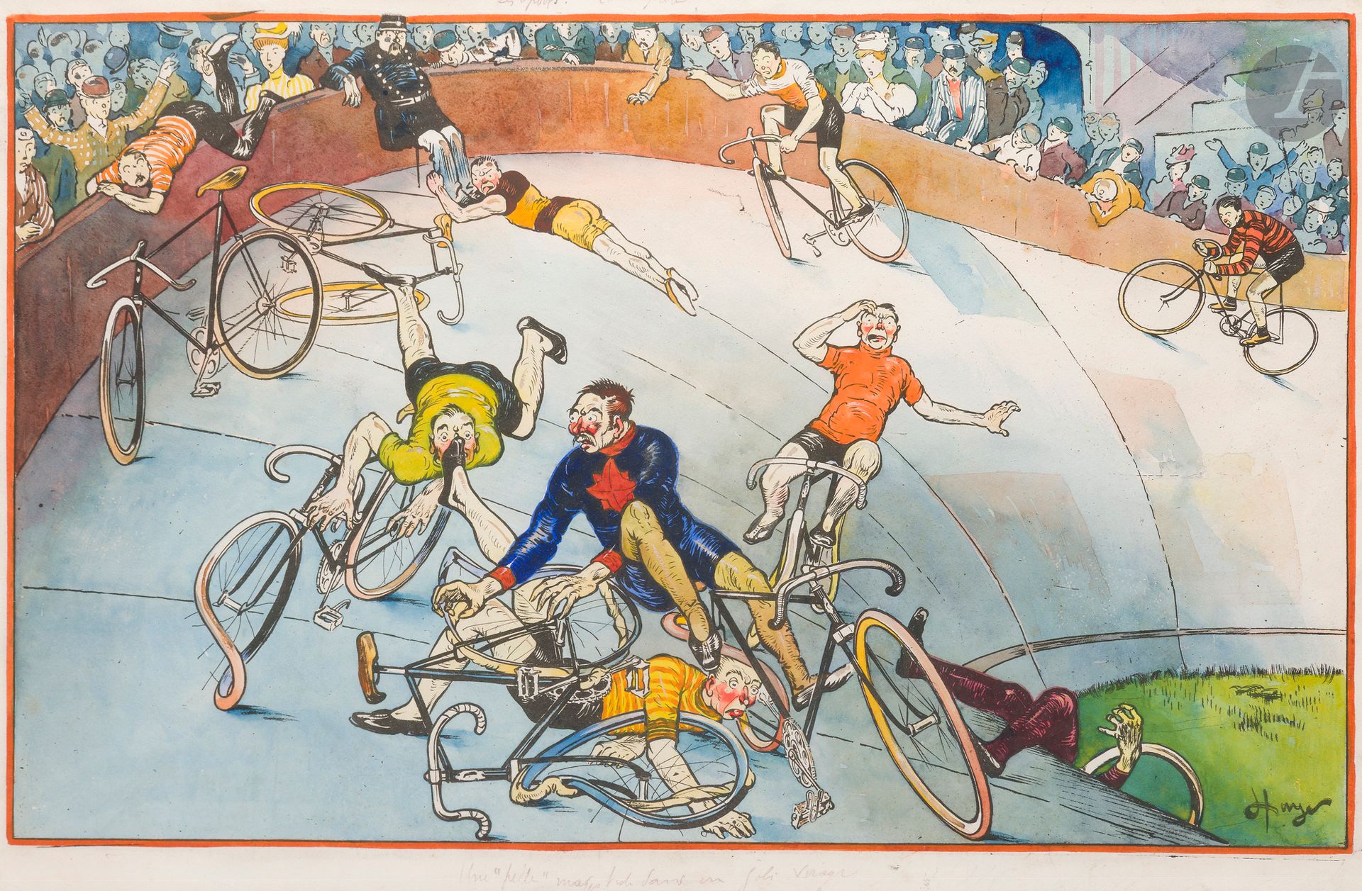 Lucien HAYE (1873-1946) 
Les Sports : la bicyclette 
Encre et aquarelle. 
Signée en bas à droite. 
Titrée et légendée : "Une "pelle" magistrale dans un joli virage". 
31 x 45 cm