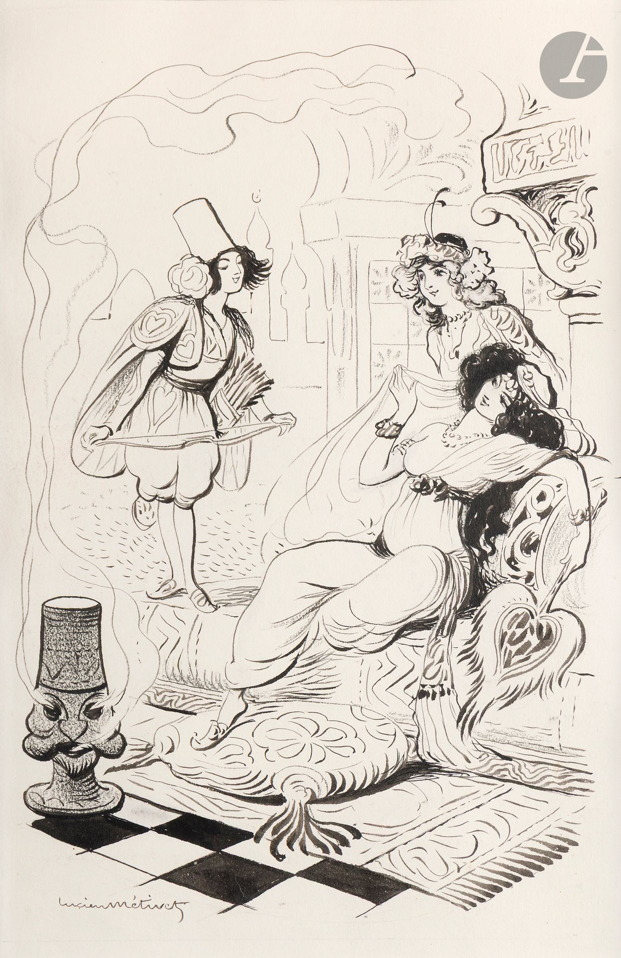 Lucien MÉTIVET dit LUC (1863-1932) 
The Sultana 
Ink and charcoal. 
Signed lower left. 
32 x 22 cm