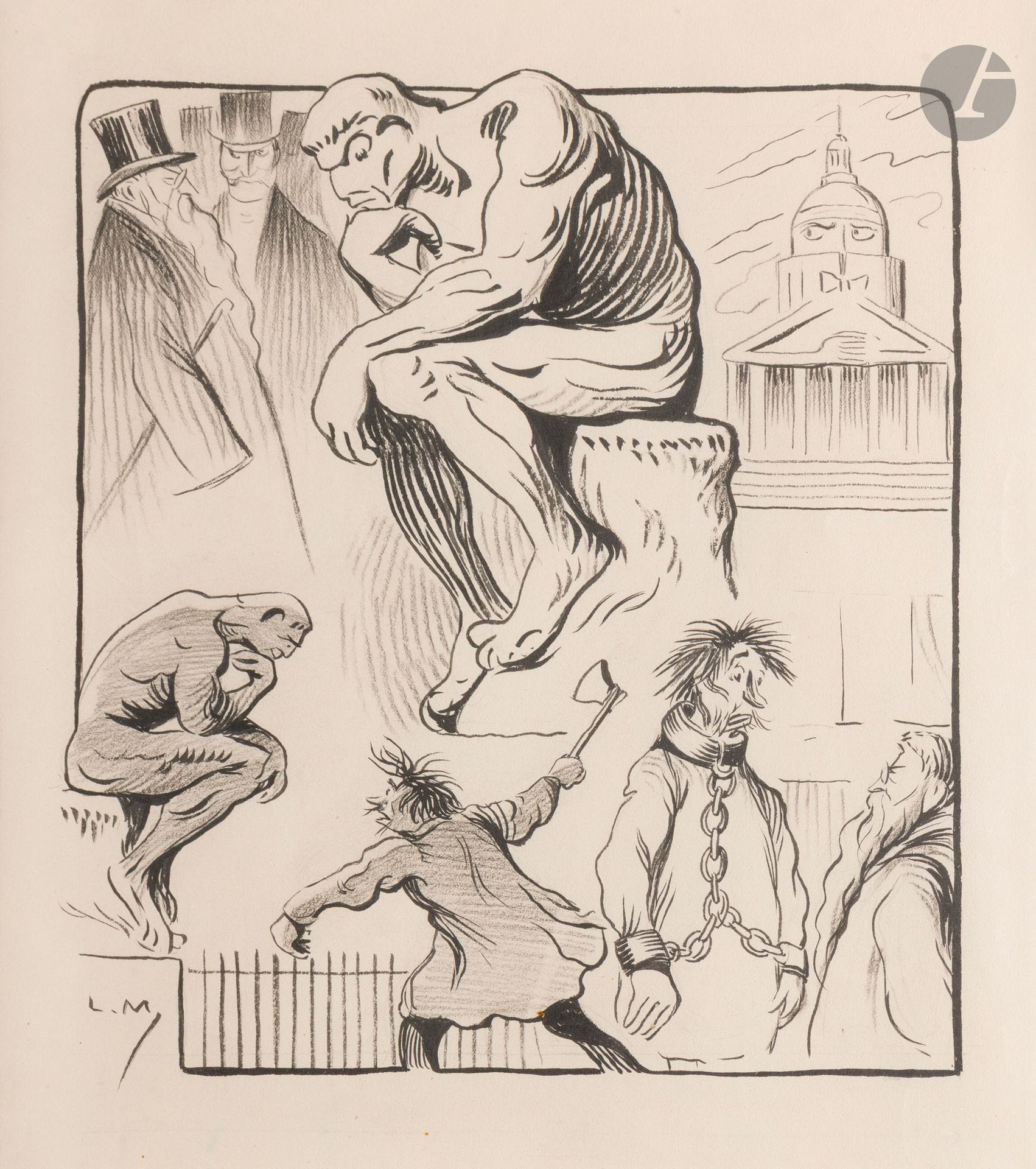 Lucien MÉTIVET dit LUC dit LUC (1863-1932) 
Rodin's The Thinker 
Ink and black pencil. 
Monogrammed lower left. 
29 x 27 cm