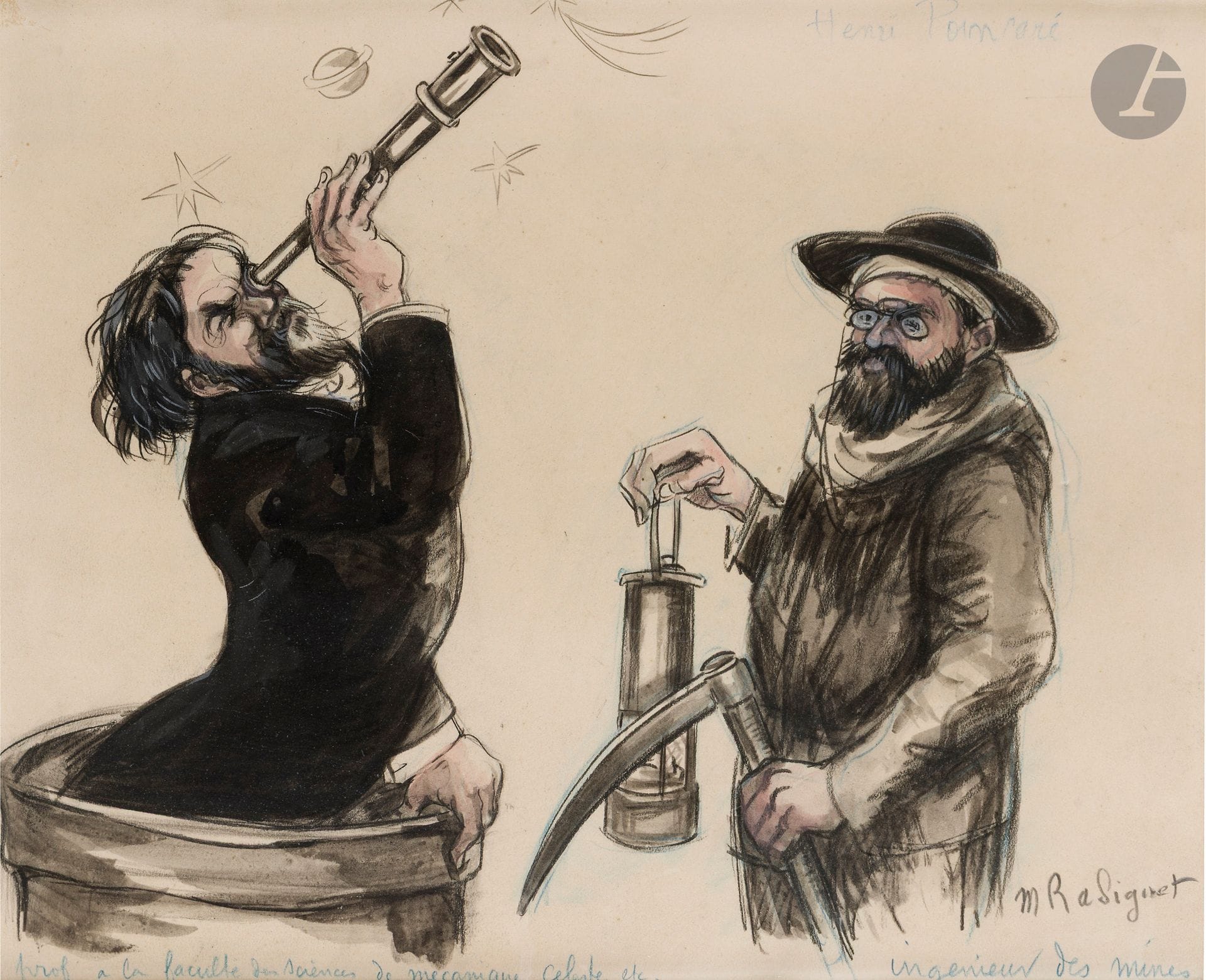 Maurice RADIGUET (1866-1941) 
Henri Poincaré 
Ink, ink wash over charcoal strokes. 
Signed lower right. 
Captioned at foot. 
24 x 29 cm