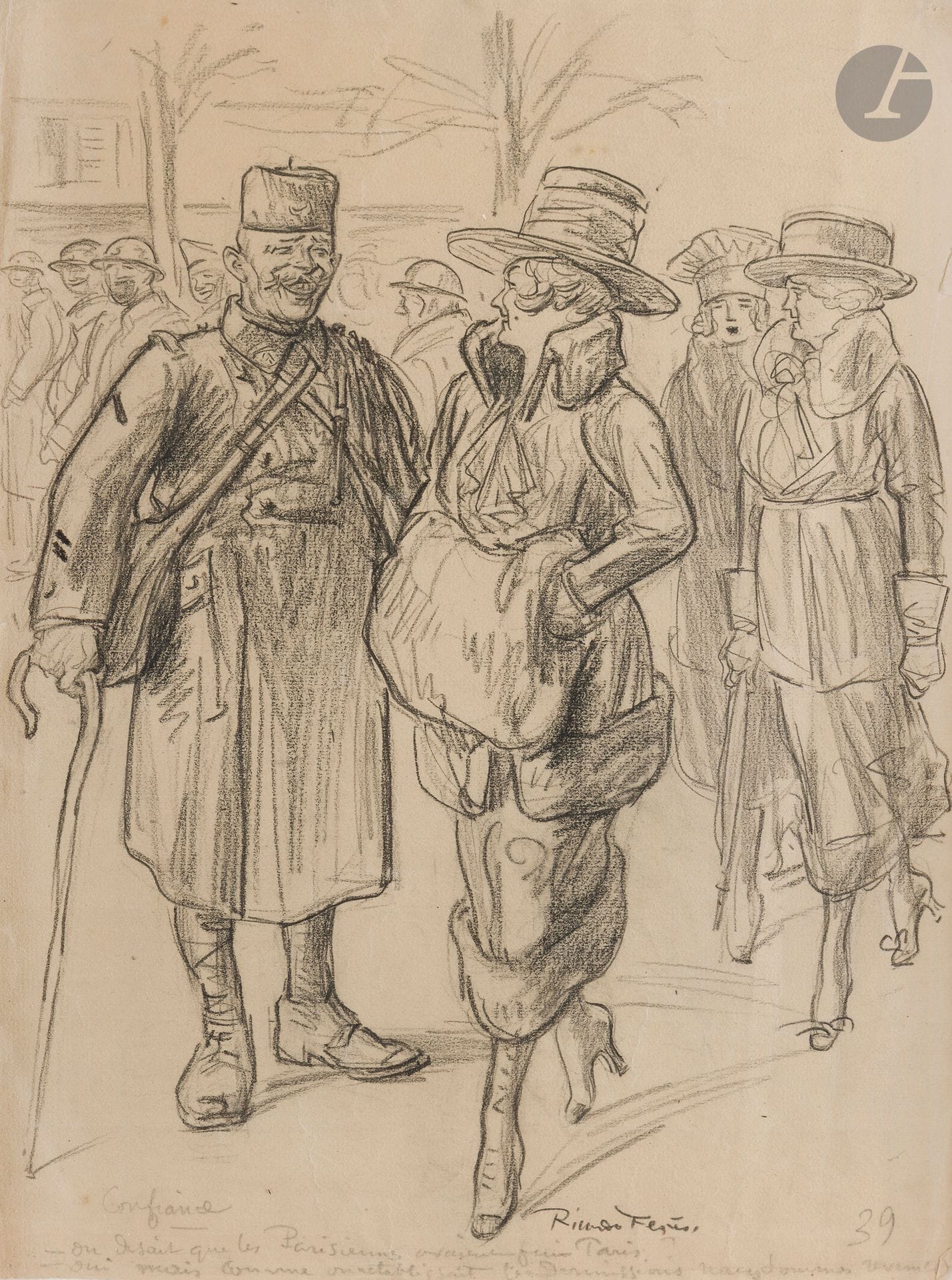 Ricardo FLORÈS (1878-1918) 
Confiance - Parisiennes et militaires 
Crayon noir. 
Signée en bas à droite. 
(Déchirures, plis, papier insolé, taches). 
31 x 23.5 cm