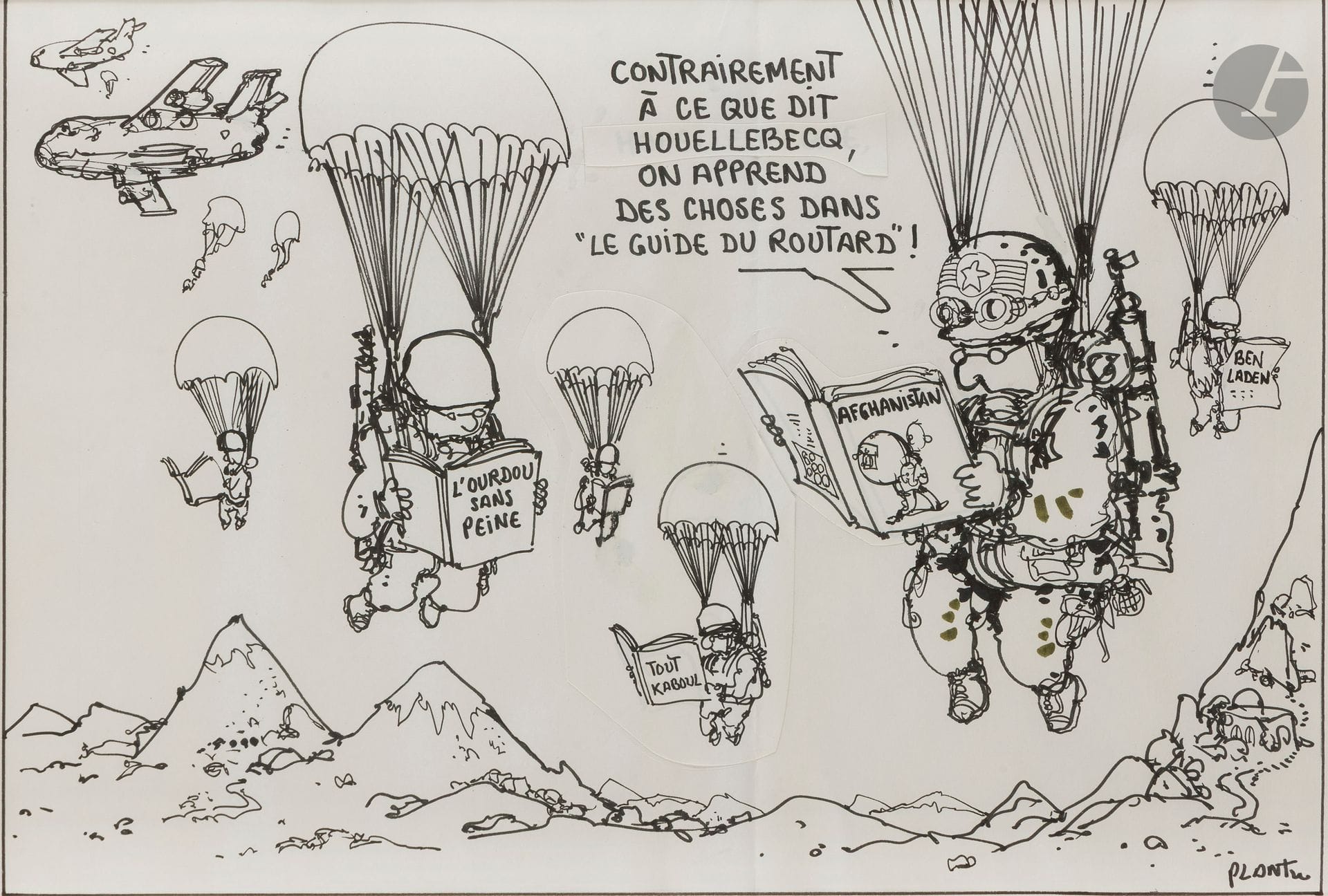 Jean PLANTUREUX dit PLANTU (né en 1952)
Le guide du Routard
Feutre et collage.
Signé en bas à droite.
Légendée dans la composition : "Contrairement à ce que dit Houellebecq, on apprend des choses dans "Le Guide du Routard !".
21 x 30 cm