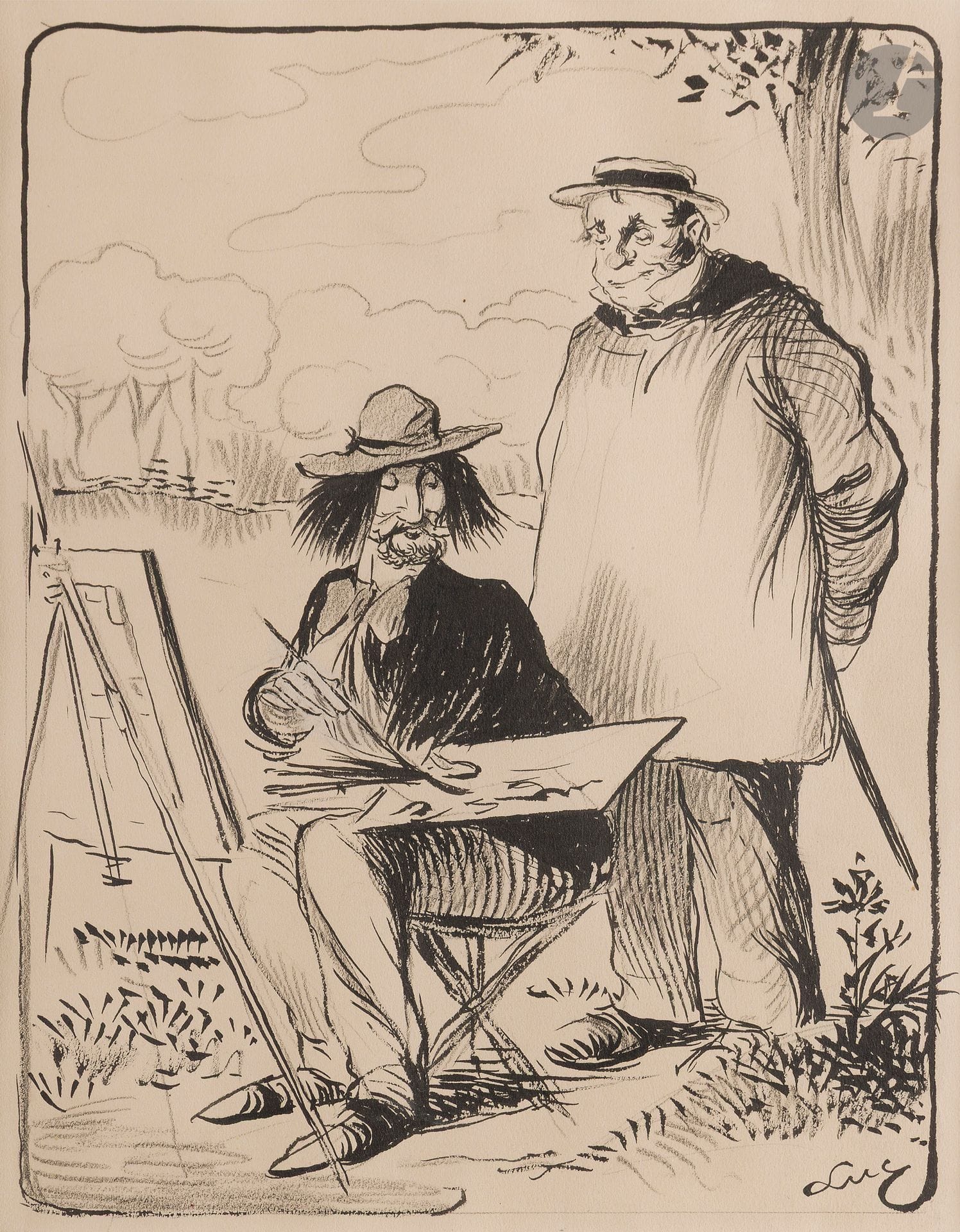 Lucien MÉTIVET dit LUC dit LUC (1863-1932) 
Critique d'art, vers 1905 
Encre et fusain. 
Signée en bas à droite. 
30 x 24 cm 
 
Ce dessin fut publié dans le Journal amusant n°312 du 17 juin 1905 avec la légende suivante : "- Eh bien père Bouché, commencez-vous à comprendre quelque chose à la peinture. - C'est pas sorcier j'vois que vous prenez d'la couleur le long d'votre tableau pour la ranger sur c't'espèce de petite planchette où qu'vous passez vot' pouce".
