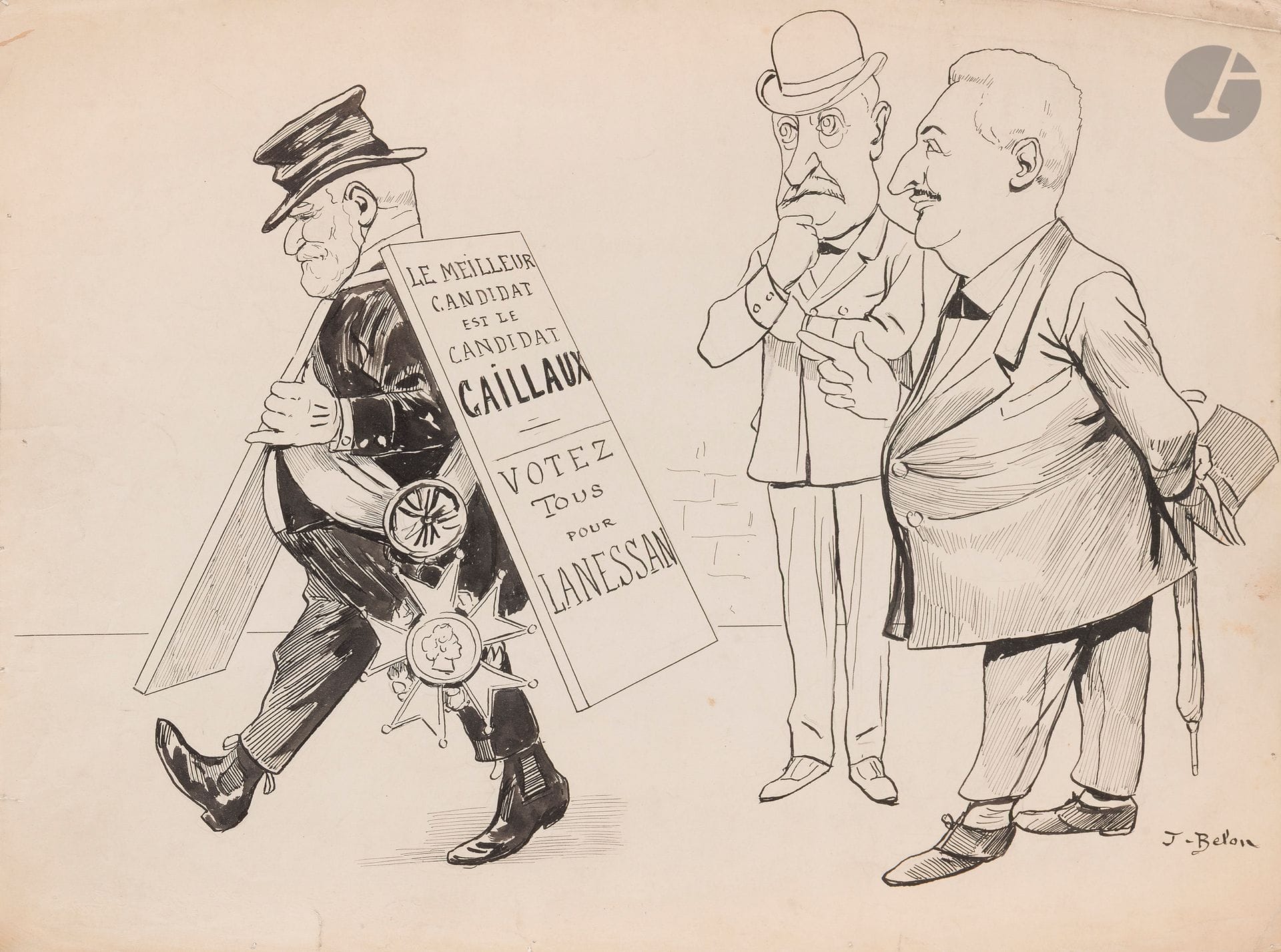 José BELON (1861-1927)
The President-sandwich
Ink.
Signed lower right.
(Tack holes on edges and small tears).
32.5 x 43 cm
 
This drawing was published in L'Album de l'Intransigeant in 1902 with the caption: "While we're at it, why don't we recommend the "fine" Monis-Buchholz?