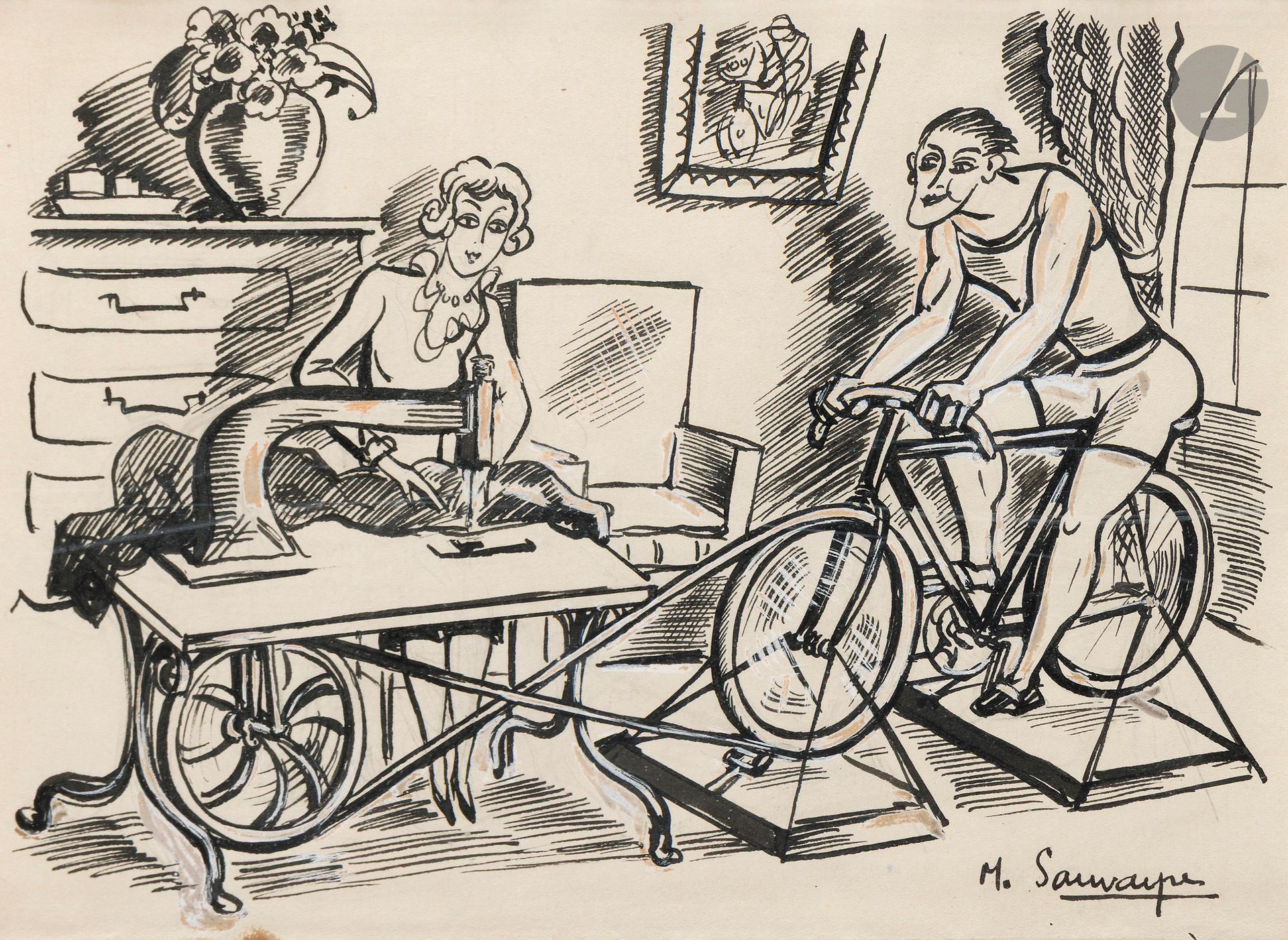 Maurice SAUVAYRE (1889-1968) 
L'Entrainement à domicile, vers 1925 
Encre et rehauts de gouache. 
Signée en bas à droite. 
18 x 24 cm