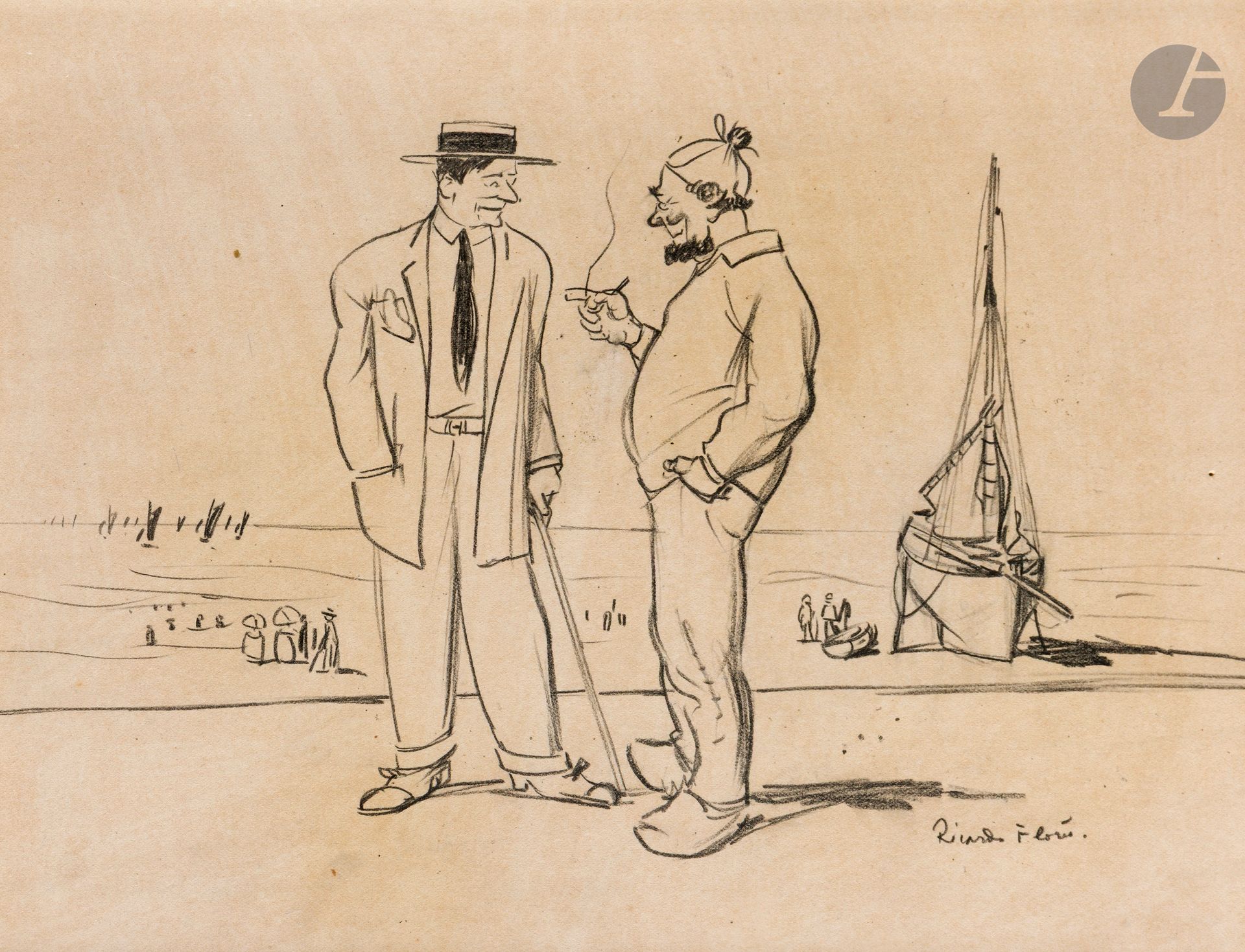 Ricardo FLORÈS (1878-1918) 
La Peur de l'eau, vers 1911 
Fusain. 
Signé en bas à droite. 
(Insolations). 
20 x 25 cm 
 
Ce dessin fut publié dans le n°448 du Rire, daté du 2 septembre 2011 avec cette légende : "Vous ne prenez donc jamais des bains, père Friant ? Non, la peur de l'eau : j'en ai jamais bu et j'cré ben que si ça m'arrivait , j'crèverais".