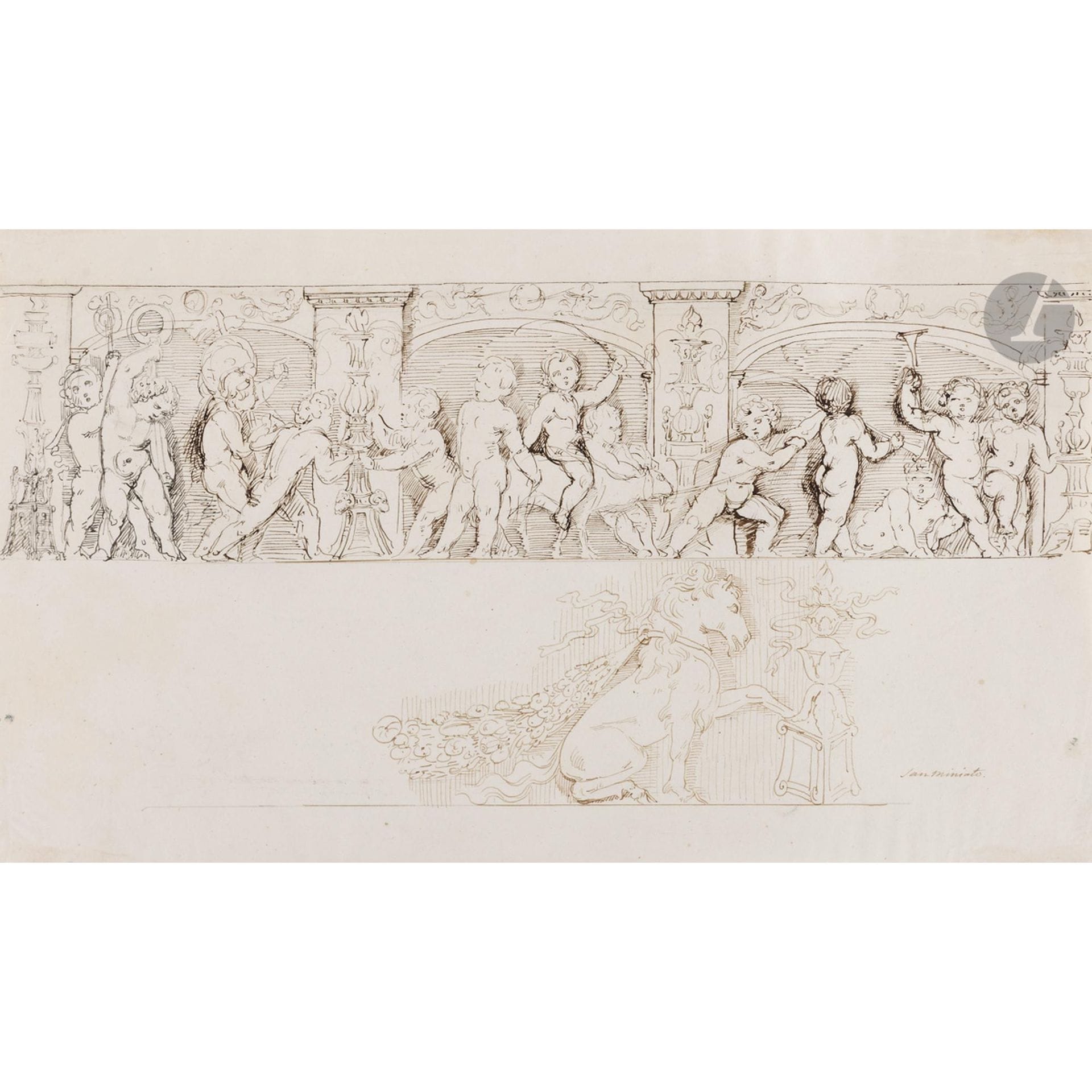 Henry de TRIQUETI (1803-1874)
Bacchanale en bandeau et chimère relevée à San Miniato 
Plume et encre brune
Annotée en bas à droite «San Miniato» 
18 x 30,2 cm 
Petites pliures et petites taches

Notre dessin est préparatoire pour la frise d’une aiguière conservée à Paris, dans une collection privée, on note quelques variantes sur la position de quelques putti 

Provenance : château du Perthuis. 

Note : Véritable artiste polymorphe, Triqueti porte un intérêt autant pour l’architecture que pour les arts décoratifs, présentant aux Salons de 1831 et 1832 de nombreux objets en bronze ou cire modelée. Sa démarche s’apparente à celle d’un sculpteur de la Renaissance, contrôlant strictement l’utilisation de ses modèles et le choix des praticiens, bronziers ou ivoiriers. S’il débute avec un répertoire historique et pittoresque, il se tourne après 1834 – année de la commande des portes de la Madeleine - vers des sujets inspirés par la Bible ou l’Antiquité. Triqueti est également sollicité pour travailler dans des églises, pour réaliser des chaires ou des pièces d’orfèvrerie religieuse, y compris à l’usage de la famille royale.