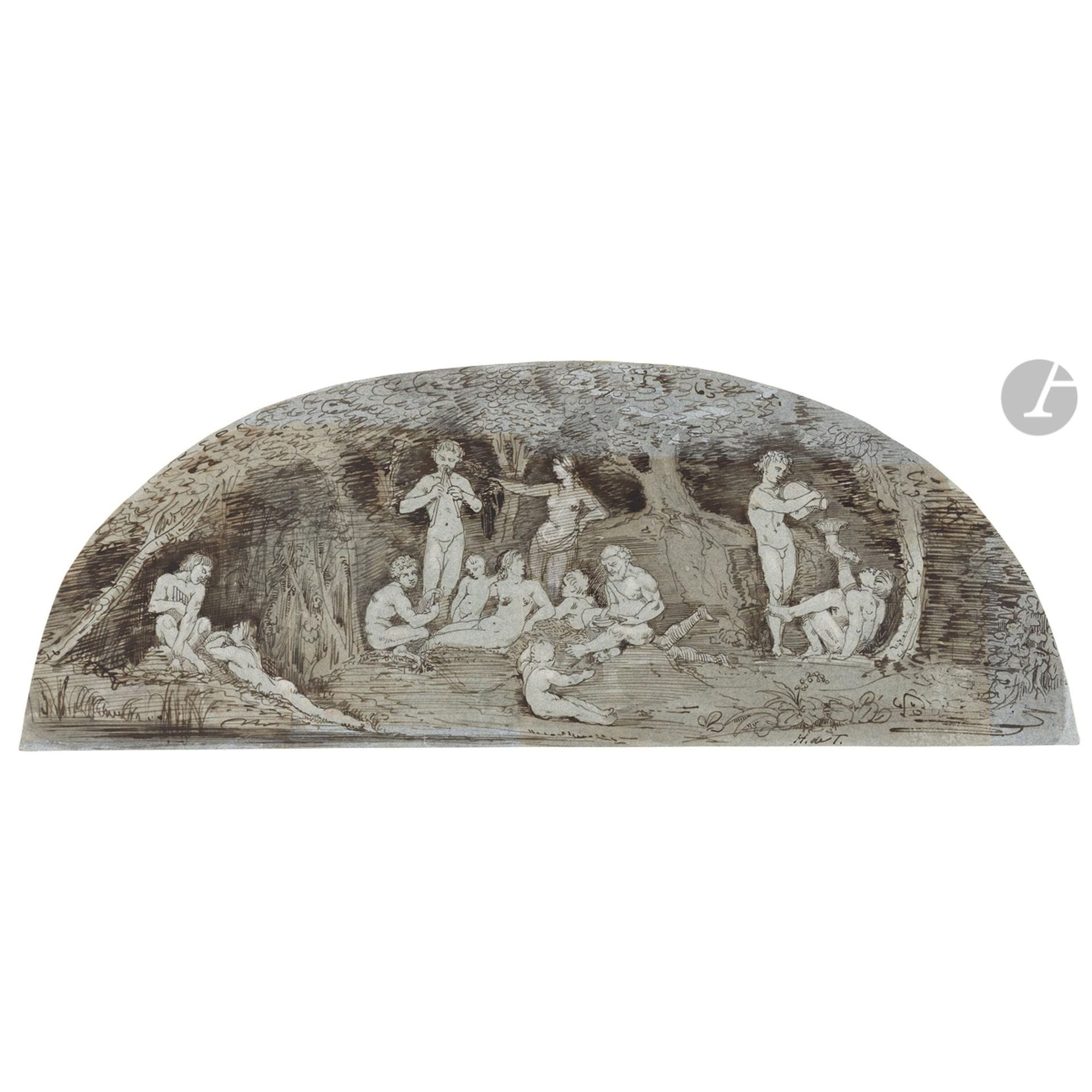 Henry de TRIQUETI (1803-1874)
Bacchanale 
Plume et encre brune, lavis brun sur papier bleu 
Monogrammé en bas à droite
10,5 x 28 cm en demi-lune
Insolée, trace d’un ancien montage, dessin doublé

Provenance : château du Perthuis. 

Note : Le primat du dessin n’était pas un vain mot pour Triqueti, qui lui subordonnait tous les arts qu’il pratiquait. Sculpteur, peintre mais aussi écrivain ou encore conseiller artistique pour le duc d’Aumale, Triqueti est également connu dans le monde du dessin ancien comme un fameux collectionneur de dessins et de gravures. Il hérita par sa femme de l’importante collection de Thomas Banks (lui aussi sculpteur et collectionneur), où figuraient nombre de dessins de grands maîtres de la Renaissance. Habitué des salles de ventes, Triqueti se rendait régulièrement à l’Hôtel Drouot, où il côtoyait un cercle de collectionneurs et de conservateurs devenus illustres, comme His de La Salle (1795-1878) et Frédéric Reiset (1815-1891).
Triqueti fait ses premiers pas d’artiste sous l’égide d’Anne-Louis Girodet-Trioson, ami et voisin de la famille. 

Triqueti montre une maîtrise parfaite de l’art de dessiner. Il déploie toutes les facettes du dessin, selon son but ou la destination de l’œuvre. Extrêmement précis dans ses relevés et copies, il utilise un crayon taillé très fin. Il griffe avec fougue la plume dans ses recherches de compositions et de décorations, multipliant les variantes et les options. Il peut être puissant dans ses contours, dans une veine géricaldienne, comme se contenter d’un trait fin et mince pour ses sujets d’ornement. Il dessine parfois à la sanguine, en particulier pour les études académiques ou les portraits. Les aquarelles très finies sont absolument limpides et distantes, imitant à la perfection le rendu qu’il veut obtenir dans ses «tarsia».