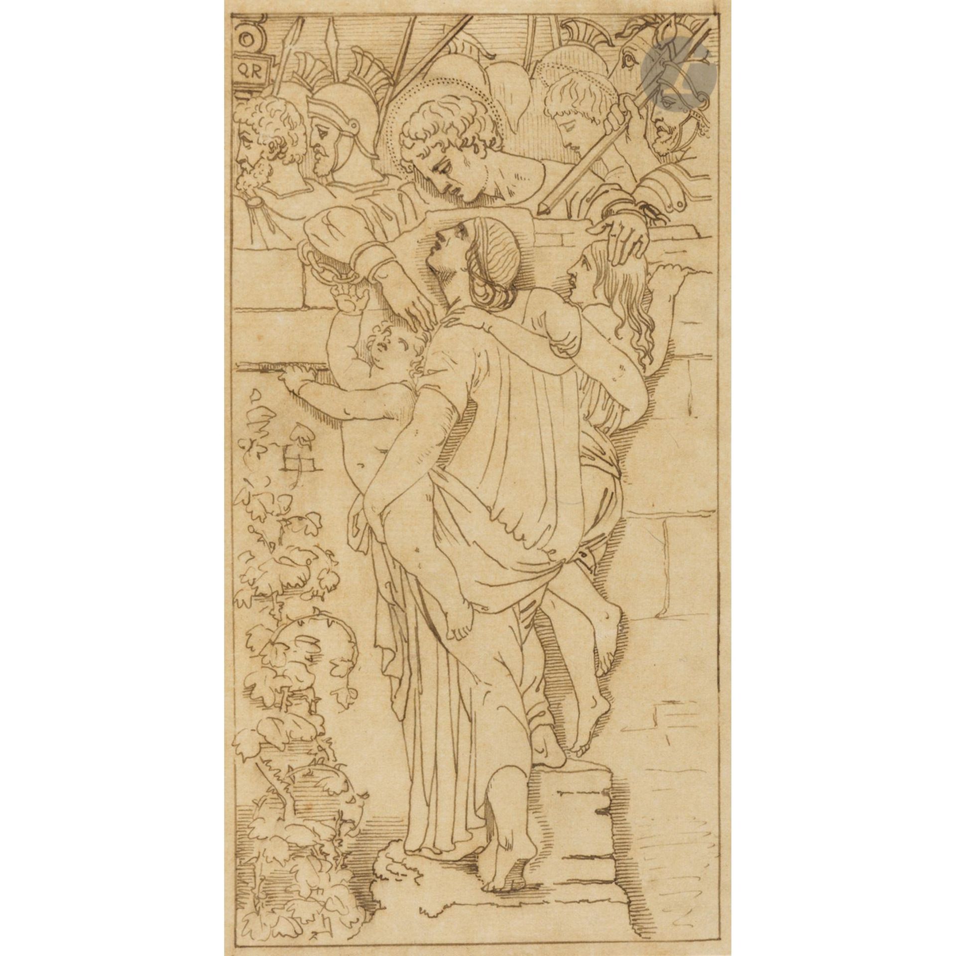 Henry de TRIQUETI (1803-1874)
L’adieu au martyr 
Plume et encre brune, sur papier calque
8,8 x 10 cm 
Petites taches

Provenance : château du Perthuis. 

Note : Le primat du dessin n’était pas un vain mot pour Triqueti, qui lui subordonnait tous les arts qu’il pratiquait. Sculpteur, peintre mais aussi écrivain ou encore conseiller artistique pour le duc d’Aumale, Triqueti est également connu dans le monde du dessin ancien comme un fameux collectionneur de dessins et de gravures. Il hérita par sa femme de l’importante collection de Thomas Banks (lui aussi sculpteur et collectionneur), où figuraient nombre de dessins de grands maîtres de la Renaissance. Habitué des salles de ventes, Triqueti se rendait régulièrement à l’Hôtel Drouot, où il côtoyait un cercle de collectionneurs et de conservateurs devenus illustres, comme His de La Salle (1795-1878) et Frédéric Reiset (1815-1891).
Triqueti fait ses premiers pas d’artiste sous l’égide d’Anne-Louis Girodet-Trioson, ami et voisin de la famille. 

Triqueti montre une maîtrise parfaite de l’art de dessiner. Il déploie toutes les facettes du dessin, selon son but ou la destination de l’œuvre. Extrêmement précis dans ses relevés et copies, il utilise un crayon taillé très fin. Il griffe avec fougue la plume dans ses recherches de compositions et de décorations, multipliant les variantes et les options. Il peut être puissant dans ses contours, dans une veine géricaldienne, comme se contenter d’un trait fin et mince pour ses sujets d’ornement. Il dessine parfois à la sanguine, en particulier pour les études académiques ou les portraits. Les aquarelles très finies sont absolument limpides et distantes, imitant à la perfection le rendu qu’il veut obtenir dans ses «tarsia».