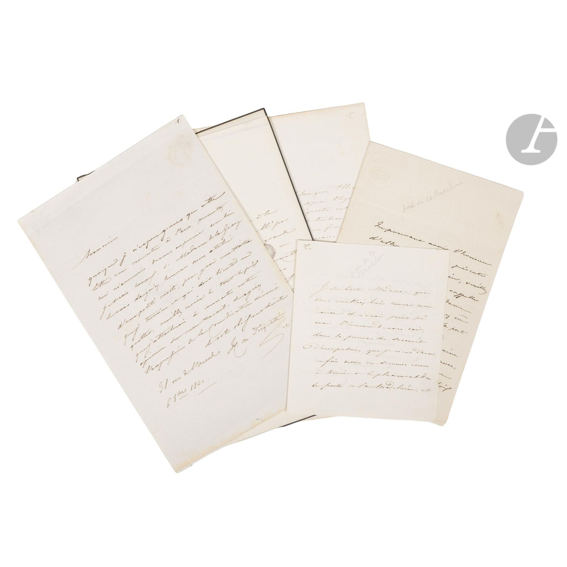 Henry de TRIQUETI (1803-1874). 
7 L.A.S. au marquis et à la marquise Édouard de LA GRANGE; 8 pages et demie in-8 et 2 pages in-12, 2 adresses.

[Édouard Lelièvre, marquis de La Grange (1796-1876) était député de Gironde; traducteur de Jean-Paul Richter, ami intime de Vigny, il avait épousé Constance de Caumont La Force (1801-1869).]
6 octobre 1840, il espère la visite des La Grange à son atelier, 38 rue de l’Arcade, «pour y voir une statue que je termine et qui doit bientôt me quitter»; il aimerait connaitre leur opinion sur son travail. – 1er novembre, il espère qu’ils sont de retour à Paris: «Je finis ma statue et dois la livrer à son nouveau maître jeudi»…
[Début 1843], sur le tombeau du duc d’Orléans. Il a été «tellement esclave de mon travail depuis l’hyver que force me fut de me séquestrer entièrement pour arriver à terminer le tombeau du Duc d’Orléans dans le terme fixé. J’arrive à la fin de ce travail, grâce à Dieu, et pendant le temps que je mettrai à le terminer j’ai grand désir de le soumettre aux regards de Madame de la Grange et aux vôtres […] J’ai exécuté ce travail dans un atelier du rez-de-chaussée dans la cour du Louvre près le guichet du pont des Arts, j’y suis toujours, tout le jour»…
À la marquise, au sujet des portes de l’église de la Madeleine (1837). – 1er mai: «Enfin nous en sommes venus à terminer le placement de la porte de la Madeleine»… – «La porte de la Madeleine doit être démontée après cette semaine pour en commencer la ferrure»; il attend leur visite 15 rue des 3 bornes. – Vendredi matin. «Nous sommes en train de monter la porte et nous espérons, bien que l’ordre nous en soit venu bien tard la mettre en place à la fin de juillet»…

Provenance : château du Perthuis. 

Note : Michel Triquet, devenu le Baron Michel de Triqueti (père d’Henry), épouse en secondes noces Anne Marie Henriette Sophie de Salis-Samade, et s’installe avec sa famille dans le domaine « Le Perthuis », près de Montargis, qu’il achète en 1787. Le père d’Anne Marie, Joachim (1747-1822) est déjà une personnalité notable de la région de Montargis puisque propriétaire du Château de Vaugouard et maire de Fontenay-sur-Loing.