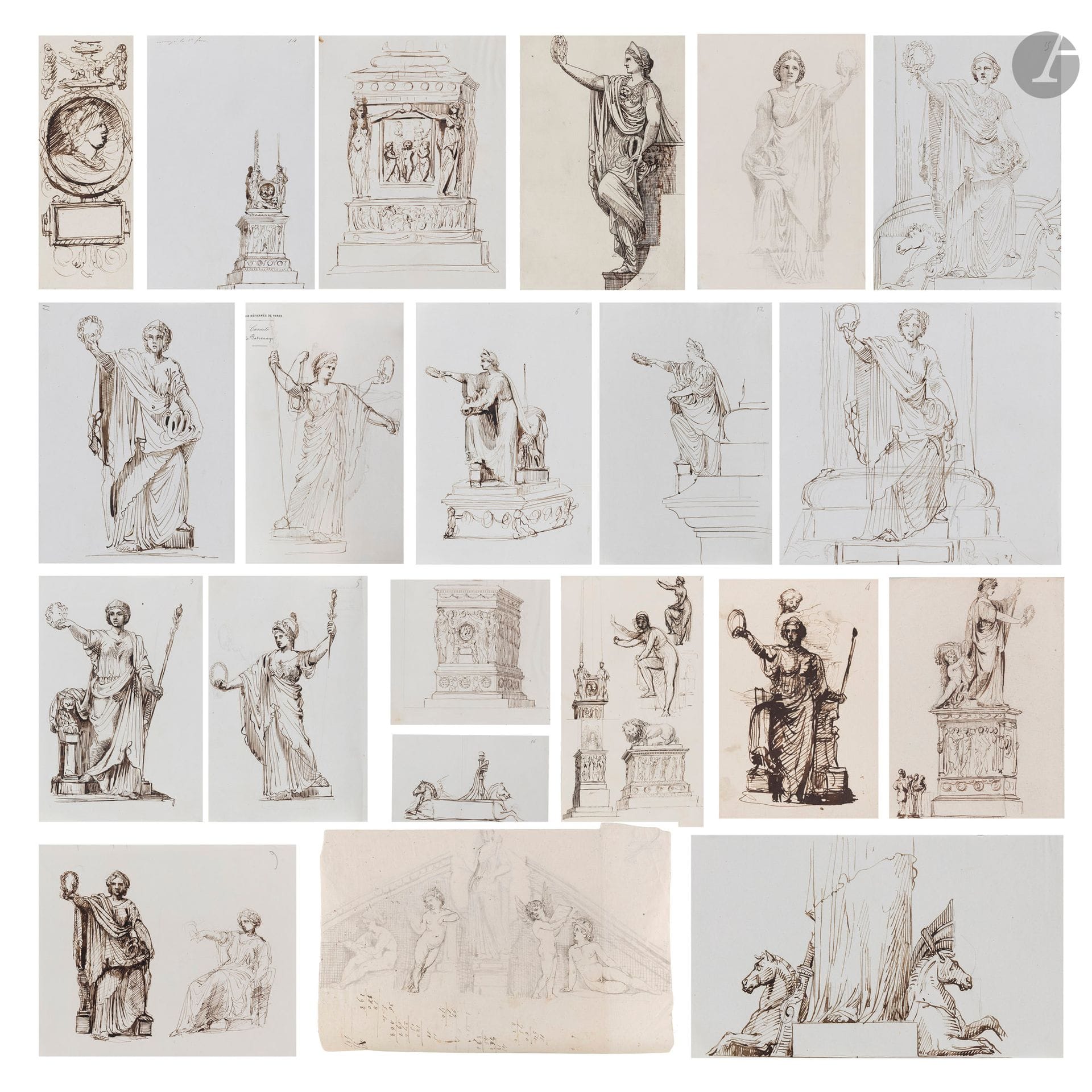 Henry de TRIQUETI (1803-1874)
Un album comprenant 21 études préparatoires pour le premier projet d’Albert Memorial 
Diverses techniques 
38 x 27,5cm (dimensions de l’album) 
Couverture en cuir estampillé, usures, petits accidents dans les coins et petites taches 
Partiellement démantelé, dimensions diverses

Provenance : château du Perthuis. 

Note: C’est à partir de 1862 que les projets honorant la mémoire du Prince Albert débutent. La reine Victoria souhaitait un obélisque de granit orné de sculptures à la base (voir lot 21). Triqueti lui proposa donc cette idée : une colonne avec un pilier réunissant les deux époux, surmonté d’une figure allégorique brandissant une couronne de lauriers. Le projet de Triqueti n’est pas retenu mais la Reine lui réserve le décor de la chapelle Wolsey. Le projet d’obélisque sera abandonné au profit d’un ciborium néo-gothique, réalisé par sir George Gilbert Scott dans les jardins de Kensington. Il sera inauguré en 1872.
Notre album contient une partie importante des différents dessins préparatoires voués au premier projet de monument. 
On peut rapprocher quelques dessins de ceux conservés en France dans une collection particulière (voir le catalogue d’exposition, Henry de Triqueti, le sculpteur des princes, musée des Beaux-Arts d’Orléans - musée Girodet de Montargis, du 3 octobre 2007 au 6 janvier 2008, Hazan édition, 2007, p. 116,fig. 131 et 132, rep.).


Le primat du dessin n’était pas un vain mot pour Triqueti, qui lui subordonnait tous les arts qu’il pratiquait. Sculpteur, peintre mais aussi écrivain ou encore conseiller artistique pour le duc d’Aumale, Triqueti est également connu dans le monde du dessin ancien comme un fameux collectionneur de dessins et de gravures. Il hérita par sa femme de l’importante collection de Thomas Banks (lui aussi sculpteur et collectionneur), où figuraient nombre de dessins de grands maîtres de la Renaissance. Habitué des salles de ventes, Triqueti se rendait régulièrement à l’Hôtel Drouot, où il côtoyait un cercle de collectionneurs et de conservateurs devenus illustres, comme His de La Salle (1795-1878) et Frédéric Reiset (1815-1891).
Triqueti fait ses premiers pas d’artiste sous l’égide d’Anne-Louis Girodet-Trioson, ami et voisin de la famille. 

Triqueti montre une maîtrise parfaite de l’art de dessiner. Il déploie toutes les facettes du dessin, selon son but ou la destination de l’œuvre. Extrêmement précis dans ses relevés et copies, il utilise un crayon taillé très fin. Il griffe avec fougue la plume dans ses recherches de compositions et de décorations, multipliant les variantes et les options. Il peut être puissant dans ses contours, dans une veine géricaldienne, comme se contenter d’un trait fin et mince pour ses sujets d’ornement. Il dessine parfois à la sanguine, en particulier pour les études académiques ou les portraits. Les aquarelles très finies sont absolument limpides et distantes, imitant à la perfection le rendu qu’il veut obtenir dans ses «tarsia».