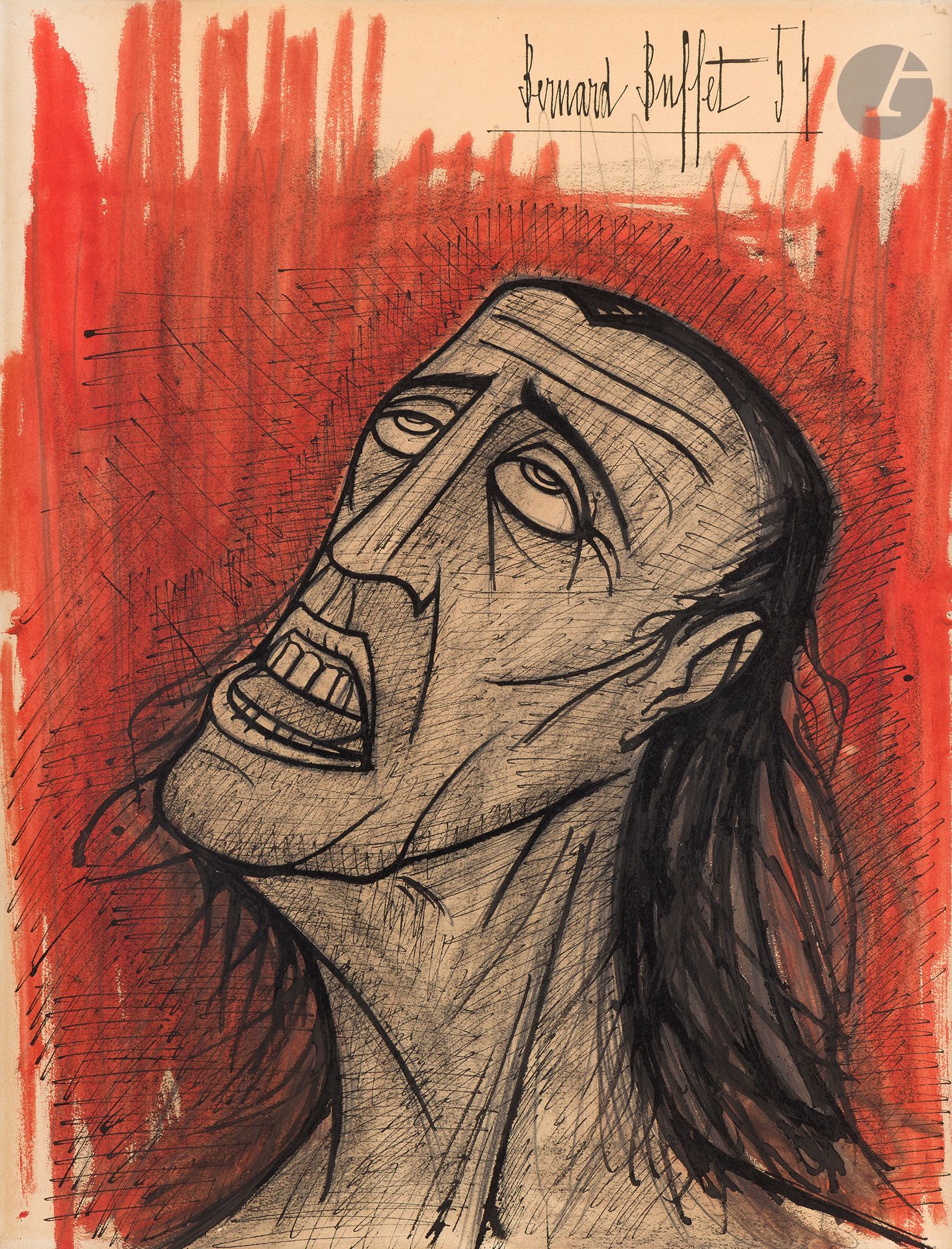 Bernard BUFFET (1928 - 1999)
Horreur de la Guerre « Femme suppliciée », 1954
Encre, aquarelle sur traits de mine de plomb sur papier contrecollé sur toile.
Signée et datée en haut à droite.
65 x 50 cm

Provenance : 
- Vente Mes Ader-Picard-Tajan, Hôtel Drouot, Paris, 22 novembre 1989, catalogue, n° 100, reproduit p. 91.
- Collection particulière. Acquis lors de la précédente. Par descendance.

Bibliographie : 
- Édition Parenthèses, revue d’art Pierre Bergé, 1954.
- Yann Le Pichon, Bernard Buffet : Catalogue raisonné, Paris, Maurice Garnier, vol. I, 1986, n°268, reproduit p.278. 

Un certificat de Madame Céline Lévy, directrice du Fonds de Dotation Bernard Buffet, sera remis à l’acquéreur.