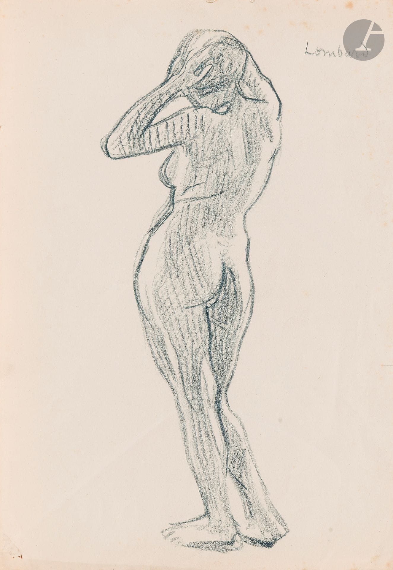 Félix VALLOTTON (1865 - 1925)
Femme nue les bras levés
Crayon bleu et estompe.
Non signé.
Annoté « Lombard » en haut à droite.
(Pliures, petites rousseurs et petits manques le long des bords).
32,5 x 22,5 cm

Provenance:
- Gabrielle Vallotton, née Bernheim, épouse de Félix Vallotton.
- Madeleine Lecomte du Noüy, née Rodrigues-Henriques, fille de Gabrielle Vallotton et belle-fille de Félix Vallotton. Par descendance.
- Isabelle Lecasble, née Lecomte du Noüy, fille de Madeleine Lecomte du Noüy (son cachet au dos). Par descendance.

Nous remercions Madame Katia Poletti, conservatrice de la Fondation Félix Vallotton pour les informations qu’elle nous a transmises.

Les dessins que nous présentons proviennent de la collection d’Isabelle Lecomte du Noüy et ont été hérités de sa grand-mère, Gabrielle Bernheim. Celle-ci avait épousé en secondes noces le peintre Félix Vallotton, figure majeure du groupe des Nabis et proche d’Édouard Vuillard. 

L’ensemble comprend de nombreuses études de nus, ainsi que plusieurs feuilles préparatoires d’œuvres peintes. Parmi celles-ci figurent notamment une étude pour Femme nue de dos blonde (1907), une étude pour Femme assise de dos (1915) conservé au Kunstmuseum de Luzern, ainsi qu’une étude en relation avec le tableau Vue d’Avignon (1920). Ces feuilles révèlent le processus créatif de Vallotton : l’artiste y explore les attitudes des figures, met en place la composition et l’équilibre des formes, tout en inscrivant directement sur le papier des annotations de couleurs destinées à guider l’élaboration de la peinture.

Cet ensemble, demeuré au sein d’une famille étroitement liée au nabisme et à ses représentants, apparaît aujourd’hui comme un témoignage particulièrement précieux. Afin d’en matérialiser la provenance, un cachet de collection aux initiales d’Isabelle Lecomte du Noüy a été apposé au verso de chacun des dessins.