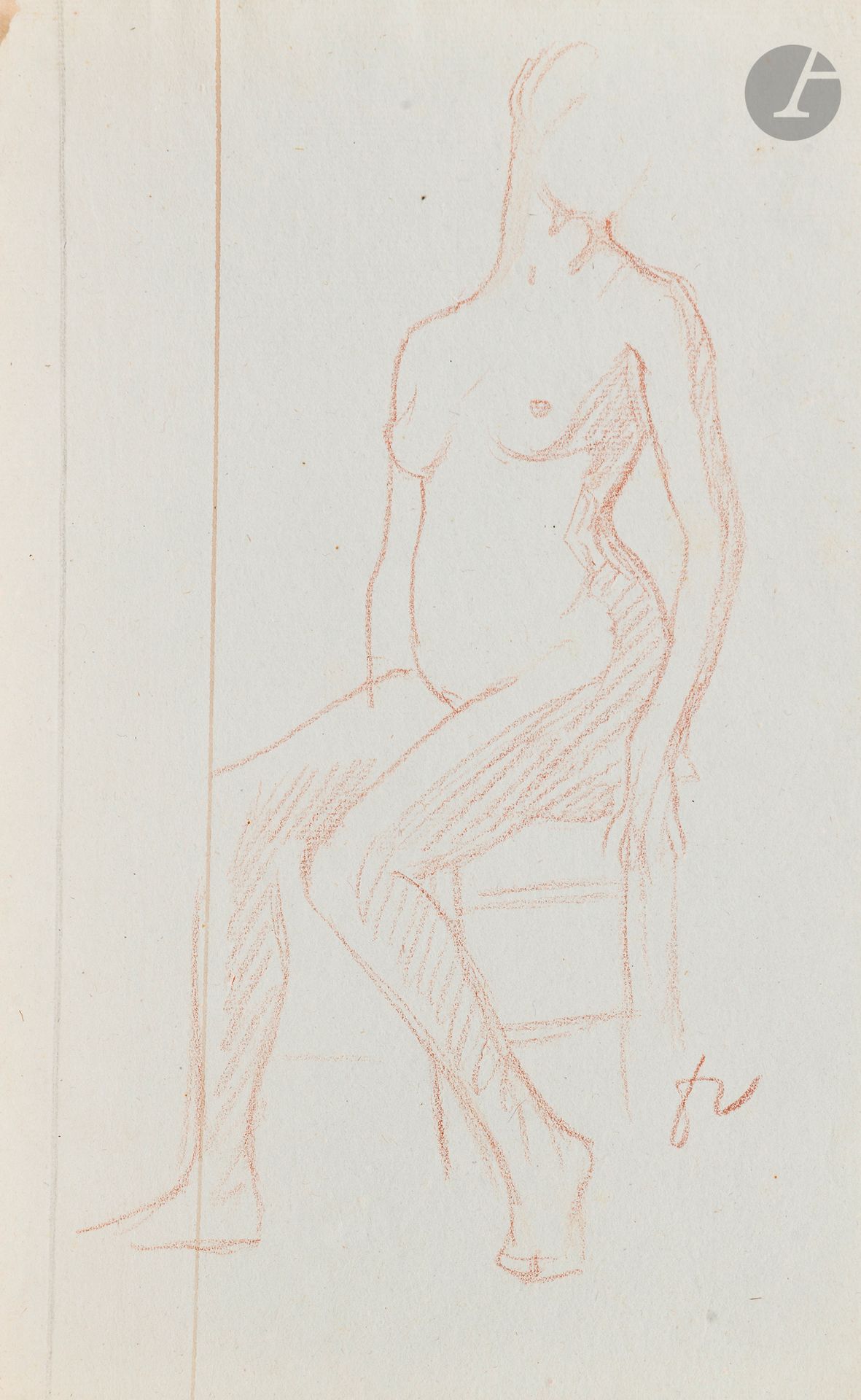 Félix VALLOTTON (1865 - 1925)
Femme nue à la chaise
Sanguine.
Monogrammée en bas à droite.
(Manque dans l’angle supérieur gauche).
26,5 x 16,5 cm

Provenance:
- Gabrielle Vallotton, née Bernheim, épouse de Félix Vallotton.
- Madeleine Lecomte du Noüy, née Rodrigues-Henriques, fille de Gabrielle Vallotton et belle-fille de Félix Vallotton. Par descendance.
- Isabelle Lecasble, née Lecomte du Noüy, fille de Madeleine Lecomte du Noüy (son cachet au dos). Par descendance.

Nous remercions Madame Katia Poletti, conservatrice de la Fondation Félix Vallotton pour les informations qu’elle nous a transmises.

Les dessins que nous présentons proviennent de la collection d’Isabelle Lecomte du Noüy et ont été hérités de sa grand-mère, Gabrielle Bernheim. Celle-ci avait épousé en secondes noces le peintre Félix Vallotton, figure majeure du groupe des Nabis et proche d’Édouard Vuillard. 

L’ensemble comprend de nombreuses études de nus, ainsi que plusieurs feuilles préparatoires d’œuvres peintes. Parmi celles-ci figurent notamment une étude pour Femme nue de dos blonde (1907), une étude pour Femme assise de dos (1915) conservé au Kunstmuseum de Luzern, ainsi qu’une étude en relation avec le tableau Vue d’Avignon (1920). Ces feuilles révèlent le processus créatif de Vallotton : l’artiste y explore les attitudes des figures, met en place la composition et l’équilibre des formes, tout en inscrivant directement sur le papier des annotations de couleurs destinées à guider l’élaboration de la peinture.

Cet ensemble, demeuré au sein d’une famille étroitement liée au nabisme et à ses représentants, apparaît aujourd’hui comme un témoignage particulièrement précieux. Afin d’en matérialiser la provenance, un cachet de collection aux initiales d’Isabelle Lecomte du Noüy a été apposé au verso de chacun des dessins.