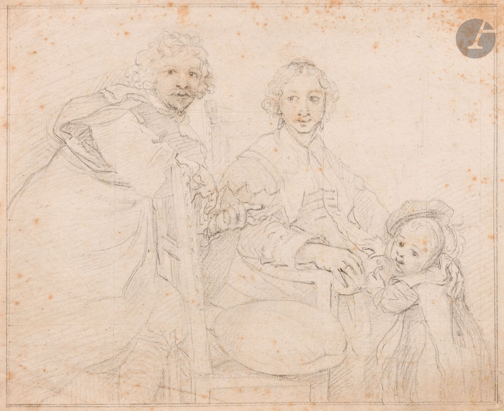 ÉCOLE FLAMANDE du XVIIe siècle
Portrait de famille
Crayon noir.
21,5 x 26,5 cm
