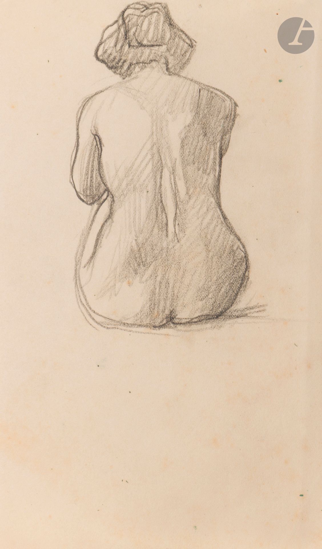 Félix VALLOTTON (1865 - 1925)
Study for Woman Seated from Behind, 1915 
Graphite and stump on notebook page.
Unsigned.
(Small trace of oxidation along the right edge).
16 x 9.5 cm

Provenance
- Gabrielle Vallotton, née Bernheim, wife of Félix Vallotton.
- Madeleine Lecomte du Noüy, née Rodrigues-Henriques, daughter of Gabrielle Vallotton and daughter-in-law of Félix Vallotton. By descent.
- Isabelle Lecasble, née Lecomte du Noüy, daughter of Madeleine Lecomte du Noüy (her stamp on the back). By descent.

Related work: 
Femme assise de dos, 1915, reproduced in Marina Ducrey, with the collaboration of Katia Poletti, Félix Vallotton (1865-1925), L'œuvre peint, Volume III, Lausanne, Fondation Félix Vallotton, Lausanne/Zurich, Institut suisse pour l'étude de l'art (Catalogues raisonnés d'artistes suisses 22), Milan, 5 Continents Éditions, 2005, n°1106, p. 625. 

We would like to thank Ms. Katia Poletti, curator of the Fondation Félix Vallotton, for the information she provided.

The drawings we are presenting come from the collection of Isabelle Lecomte du Noüy and were inherited from her grandmother, Gabrielle Bernheim. Her grandmother, Gabrielle Bernheim, had married the painter Félix Vallotton, a major figure in the Nabis group and a close associate of Édouard Vuillard. 

The set includes numerous nude studies, as well as several preparatory sheets for painted works. These include a study for Femme nue de dos blonde (1907), a study for Femme assise de dos (1915) in the Kunstmuseum Luzern, and a study for the painting Vue d'Avignon (1920). These sheets reveal Vallotton's creative process: the artist explores the attitudes of the figures, sets up the composition and balance of forms, while inscribing color annotations directly on the paper to guide the elaboration of the painting.

This collection, which remained in a family closely linked to Nabism and its representatives, is today a particularly precious testimony. To identify its provenance, a collection stamp bearing Isabelle Lecomte du Noüy's initials has been affixed to the reverse of each drawing.