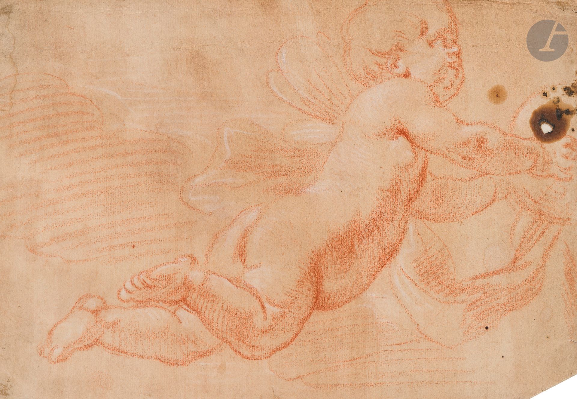 Jan GAREMIJN (Bruges 1712 - 1799)
Putto carrying a tambourine
Sanguine and white chalk highlights on beige paper.
Old collector's label lower right of the mount.
(Hole on the right edge, lower right corner cut, small stains, small folds).
20.5 x 29.5 cm

As a young man, Jan Garemijn was a pupil of the sculptor Rochus Aerts, Hendrik Pulinx and Lodewijk Roose, both painters. In 1765, he became professor and director of the Bruges Academy, a position he held for ten years. A prolific artist, he is admired above all for his drawing skills. His style was strongly influenced by the great French artists Boucher, Fragonard and Greuze, as well as his compatriots Jordaens and Rubens.