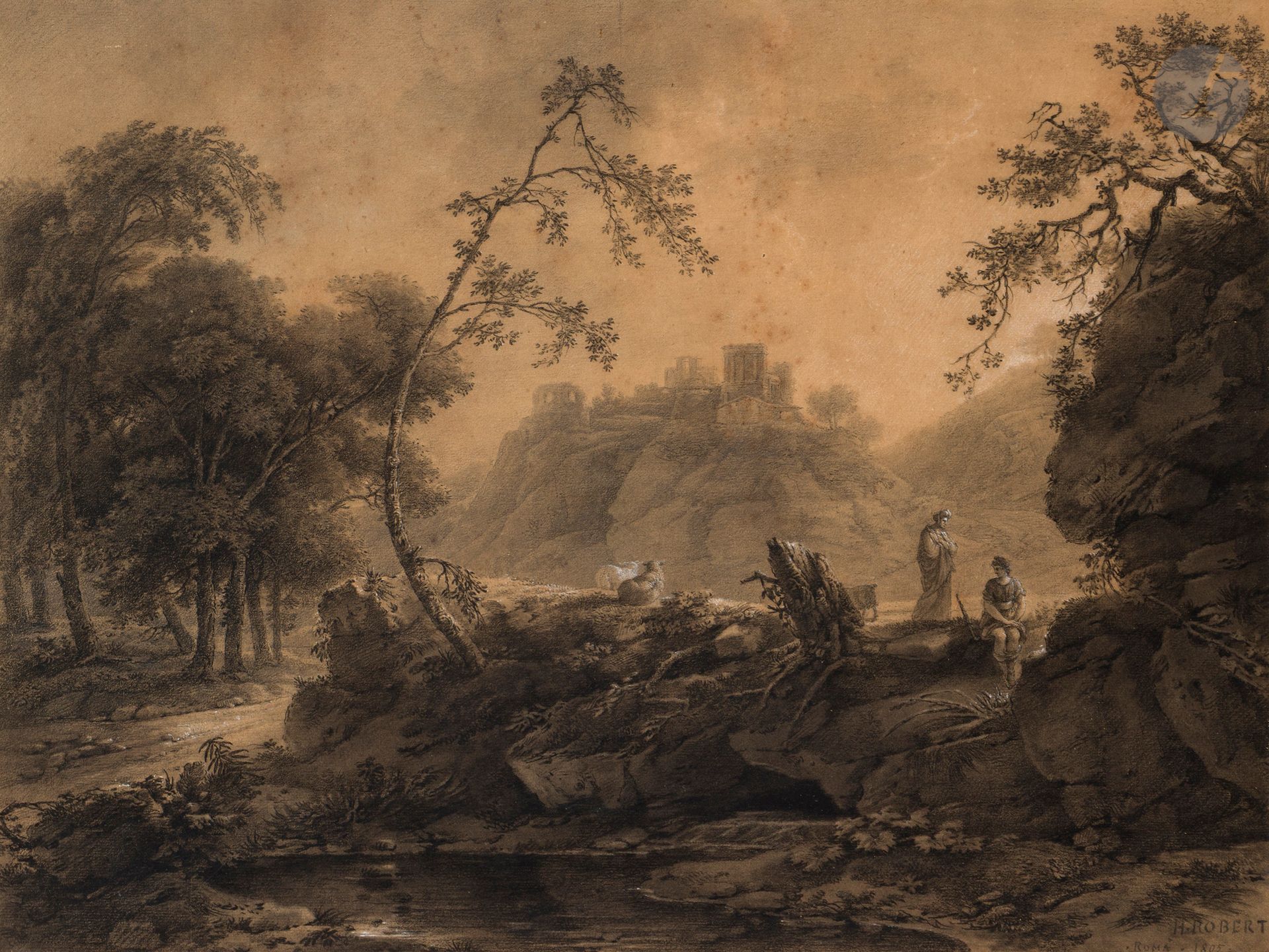 Attribué à Pierre-Henri de VALENCIENNES (Toulouse 1750 - Paris 1819)
Paysage classique animé
Pierre noire, estompe et rehauts de craie blanche sur papier beige.
Inscription postérieure en bas à droite : « H. Robert 1805 ».
(Rousseurs et légèrement insolé).
55 x 41 cm