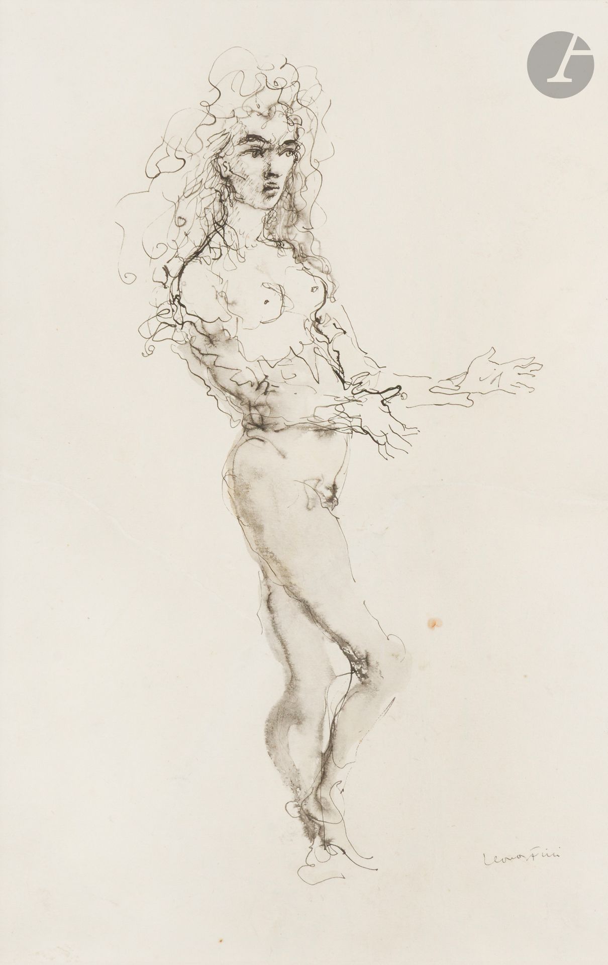 Leonor FINI (1908 - 1996)
Femme nue au voile
Encre et lavis d’encre.
Signée en bas à droite.
(Déchirure restaurée, restaurations, taches).
30 x 20 cm