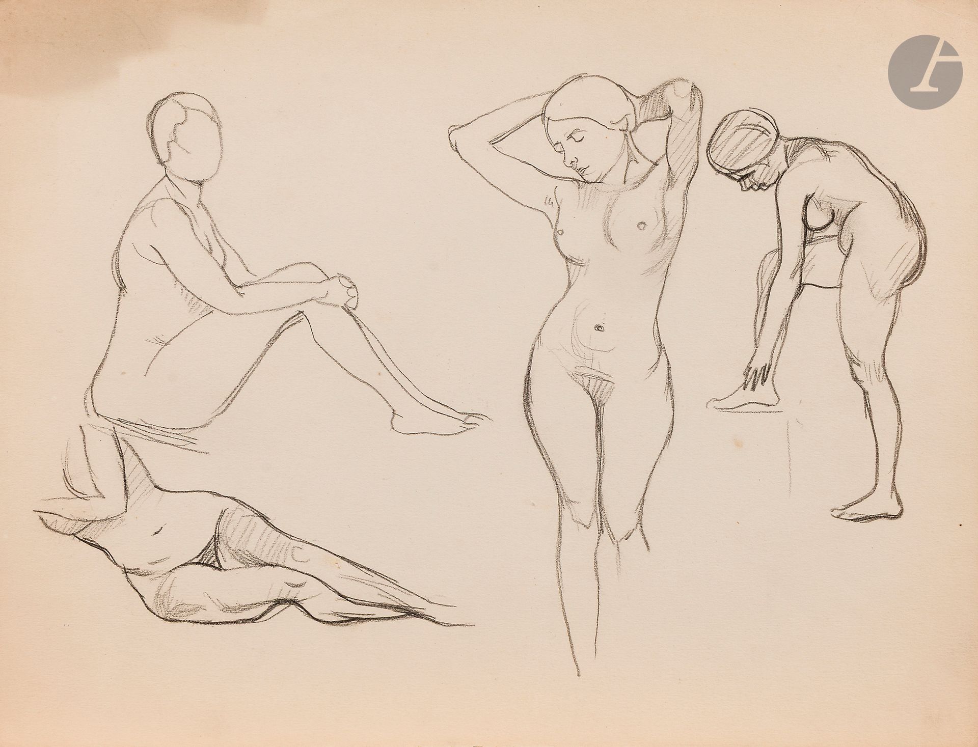 Félix VALLOTTON (1865 - 1925)
Study of a nude woman
Black pencil.
Unsigned.
(Discoloration in upper left corner).
25 x 33 cm

Provenance:
- Gabrielle Vallotton, née Bernheim, wife of Félix Vallotton.
- Madeleine Lecomte du Noüy, née Rodrigues-Henriques, daughter of Gabrielle Vallotton and daughter-in-law of Félix Vallotton. By descent.
- Isabelle Lecasble, née Lecomte du Noüy, daughter of Madeleine Lecomte du Noüy (her stamp on the back). By descent.

We would like to thank Madame Katia Poletti, curator of the Félix Vallotton Foundation, for the information she provided.


The drawings we are presenting come from the collection of Isabelle Lecomte du Noüy and were inherited from her grandmother, Gabrielle Bernheim. Her grandmother, Gabrielle Bernheim, had married the painter Félix Vallotton, a major figure in the Nabis group and a close associate of Édouard Vuillard. 

The set includes numerous nude studies, as well as several preparatory sheets for painted works. These include a study for Femme nue de dos blonde (1907), a study for Femme assise de dos (1915) in the Kunstmuseum Luzern, and a study for the painting Vue d'Avignon (1920). These sheets reveal Vallotton's creative process: the artist explores the attitudes of the figures, sets up the composition and balance of forms, while inscribing color annotations directly on the paper to guide the elaboration of the painting.

This group of works, which remained in a family closely linked to Nabism and its representatives, is today a particularly precious testimony. To identify its provenance, a collection stamp bearing Isabelle Lecomte du Noüy's initials has been affixed to the reverse of each drawing.