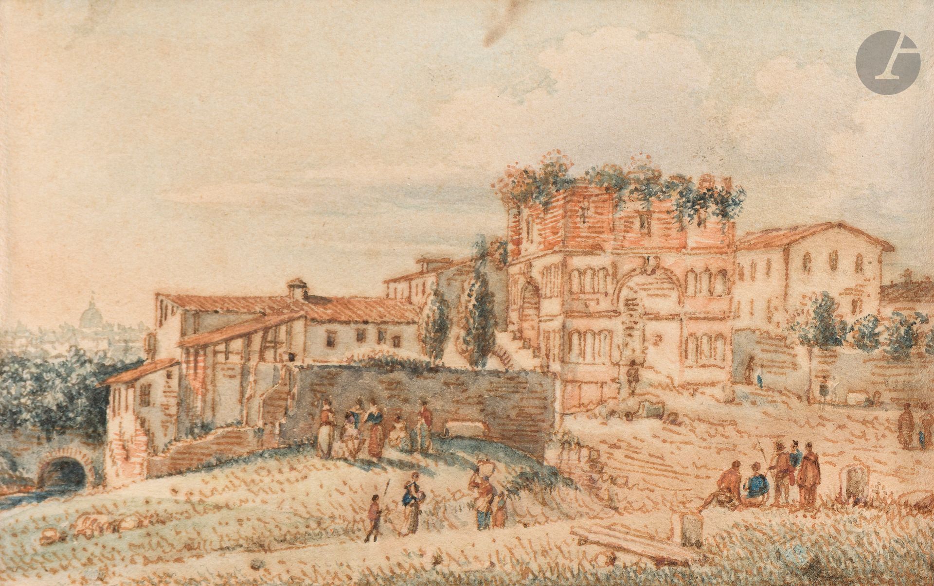 Victor-Jean NICOLLE (Paris 1754 - 1826)
Vue de l’arc de Janus à Rome
Aquarelle, plume et encre brune.
Située au verso.
7 x 10,5 cm