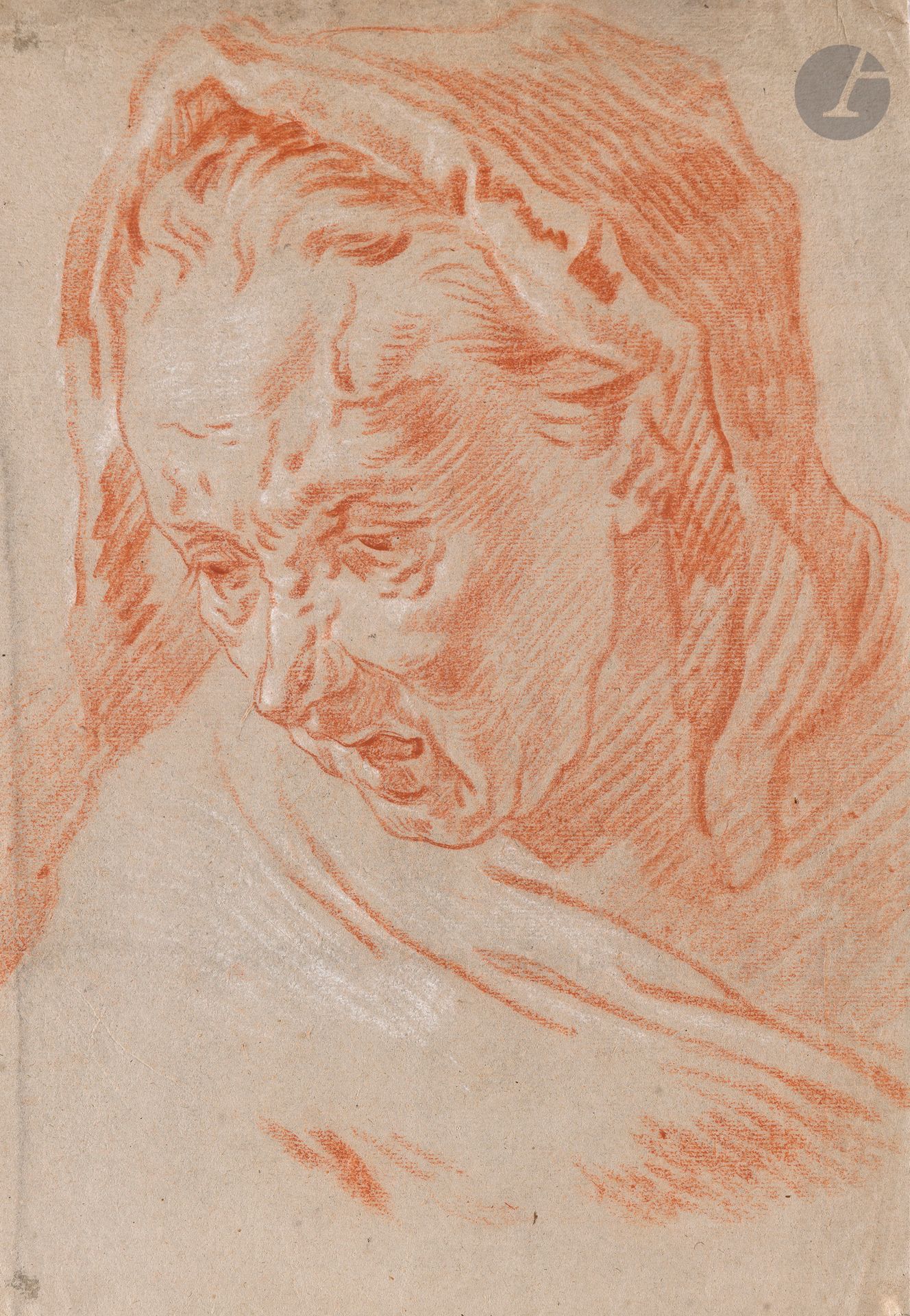 Jan GAREMIJN (Bruges 1712 - 1799)
Old woman, facing left
Sanguine and white chalk highlights on half-tone paper.
(Bends and small stains).
35.2 x 24.3 cm

 Our drawing can be compared to the figure of Saint Anne on the right of the composition in the painting The Education of the Virgin, preserved in Bruges, in the church of Saint Anne (see : Exhibition catalog, Trois maîtres flamands, Garemyn, Pulinx, Pepers, Stadshallen Brugge, Desclée de Brouwer, 1955, pl.V, p.33). 

As a young man, Jan Garemijn was a pupil of the sculptor Rochus Aerts, Hendrik Pulinx and Lodewijk Roose, both painters. In 1765, he became professor and director of the Bruges Academy, a position he held for ten years. A prolific artist, he is admired above all for his drawing skills. His style was strongly influenced by the great French artists Boucher, Fragonard and Greuze, as well as his compatriots Jordaens and Rubens.