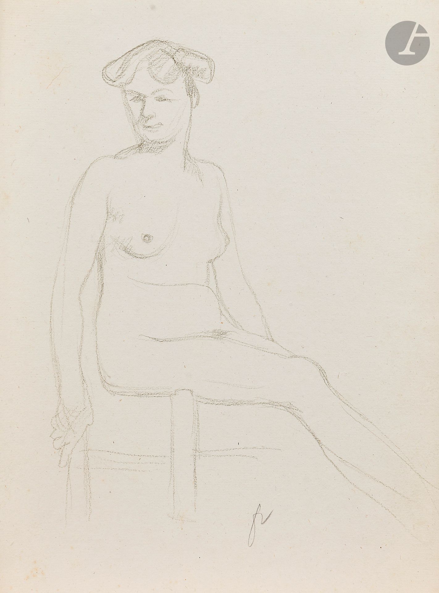 Félix VALLOTTON (1865 - 1925)
Seated nude woman
Black pencil on laid paper.
Monogrammed lower right.
(Slight foxing).
29 x 22 cm

Provenance
- Gabrielle Vallotton, née Bernheim, wife of Félix Vallotton.
- Madeleine Lecomte du Noüy, née Rodrigues-Henriques, daughter of Gabrielle Vallotton and daughter-in-law of Félix Vallotton. By descent.
- Isabelle Lecasble, née Lecomte du Noüy, daughter of Madeleine Lecomte du Noüy (her stamp on the back). By descent.

We would like to thank Madame Katia Poletti, curator of the Félix Vallotton Foundation, for the information she provided.

The drawings we are presenting come from the collection of Isabelle Lecomte du Noüy and were inherited from her grandmother, Gabrielle Bernheim. Her grandmother, Gabrielle Bernheim, had married the painter Félix Vallotton, a major figure in the Nabis group and a close associate of Édouard Vuillard. 

The set includes numerous nude studies, as well as several preparatory sheets for painted works. These include a study for Femme nue de dos blonde (1907), a study for Femme assise de dos (1915) in the Kunstmuseum Luzern, and a study for the painting Vue d'Avignon (1920). These sheets reveal Vallotton's creative process: the artist explores the attitudes of the figures, sets up the composition and balance of forms, while inscribing color annotations directly on the paper to guide the elaboration of the painting.

This group of works, which remained in a family closely linked to Nabism and its representatives, is today a particularly precious testimony. To identify its provenance, a collection stamp bearing Isabelle Lecomte du Noüy's initials has been affixed to the reverse of each drawing.