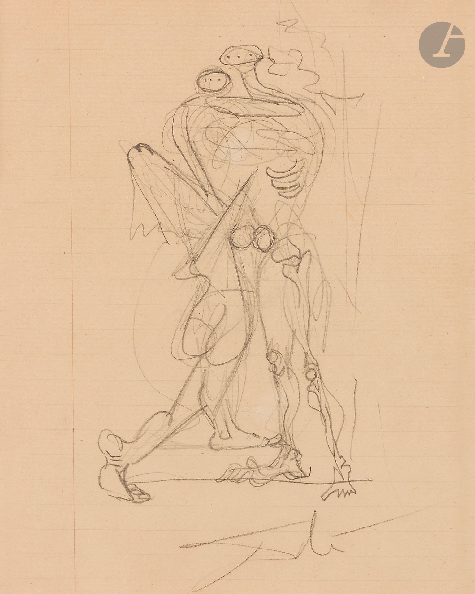 Salvador DALI (1904-1989)
Couple érotique, vers 1934
Crayon sur page de papier d’écolier ligné.
Signé postérieurement au crayon en bas au centre.
20,3 x 16,3 cm

Provenance :
Collection de Monsieur L., Paris
 
Un certificat de Monsieur Nicolas Descharnes, en date du 18 février 2026, sera remis à l’acquéreur.
