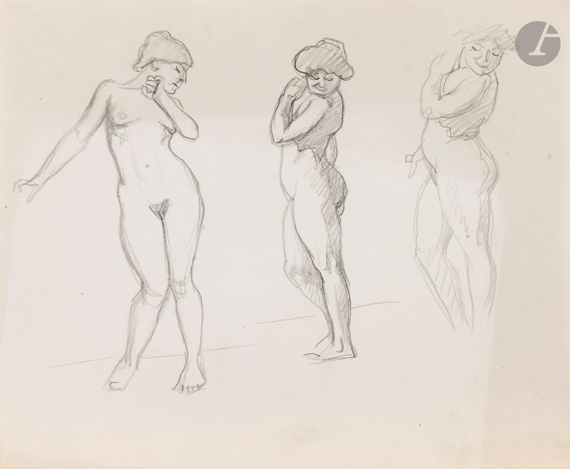 Félix VALLOTTON (1865 - 1925)
Études de femmes nues
Crayon noir et estompe.
Non signé.
(Décoloration dans la partie haute).
24 x 29 cm

Provenance:
- Gabrielle Vallotton, née Bernheim, épouse de Félix Vallotton.
- Madeleine Lecomte du Noüy, née Rodrigues-Henriques, fille de Gabrielle Vallotton et belle-fille de Félix Vallotton. Par descendance.
- Isabelle Lecasble, née Lecomte du Noüy, fille de Madeleine Lecomte du Noüy (son cachet au dos). Par descendance.

Nous remercions Madame Katia Poletti, conservatrice de la Fondation Félix Vallotton pour les informations qu’elle nous a transmises.


Les dessins que nous présentons proviennent de la collection d’Isabelle Lecomte du Noüy et ont été hérités de sa grand-mère, Gabrielle Bernheim. Celle-ci avait épousé en secondes noces le peintre Félix Vallotton, figure majeure du groupe des Nabis et proche d’Édouard Vuillard. 

L’ensemble comprend de nombreuses études de nus, ainsi que plusieurs feuilles préparatoires d’œuvres peintes. Parmi celles-ci figurent notamment une étude pour Femme nue de dos blonde (1907), une étude pour Femme assise de dos (1915) conservé au Kunstmuseum de Luzern, ainsi qu’une étude en relation avec le tableau Vue d’Avignon (1920). Ces feuilles révèlent le processus créatif de Vallotton : l’artiste y explore les attitudes des figures, met en place la composition et l’équilibre des formes, tout en inscrivant directement sur le papier des annotations de couleurs destinées à guider l’élaboration de la peinture.

Cet ensemble, demeuré au sein d’une famille étroitement liée au nabisme et à ses représentants, apparaît aujourd’hui comme un témoignage particulièrement précieux. Afin d’en matérialiser la provenance, un cachet de collection aux initiales d’Isabelle Lecomte du Noüy a été apposé au verso de chacun des dessins.