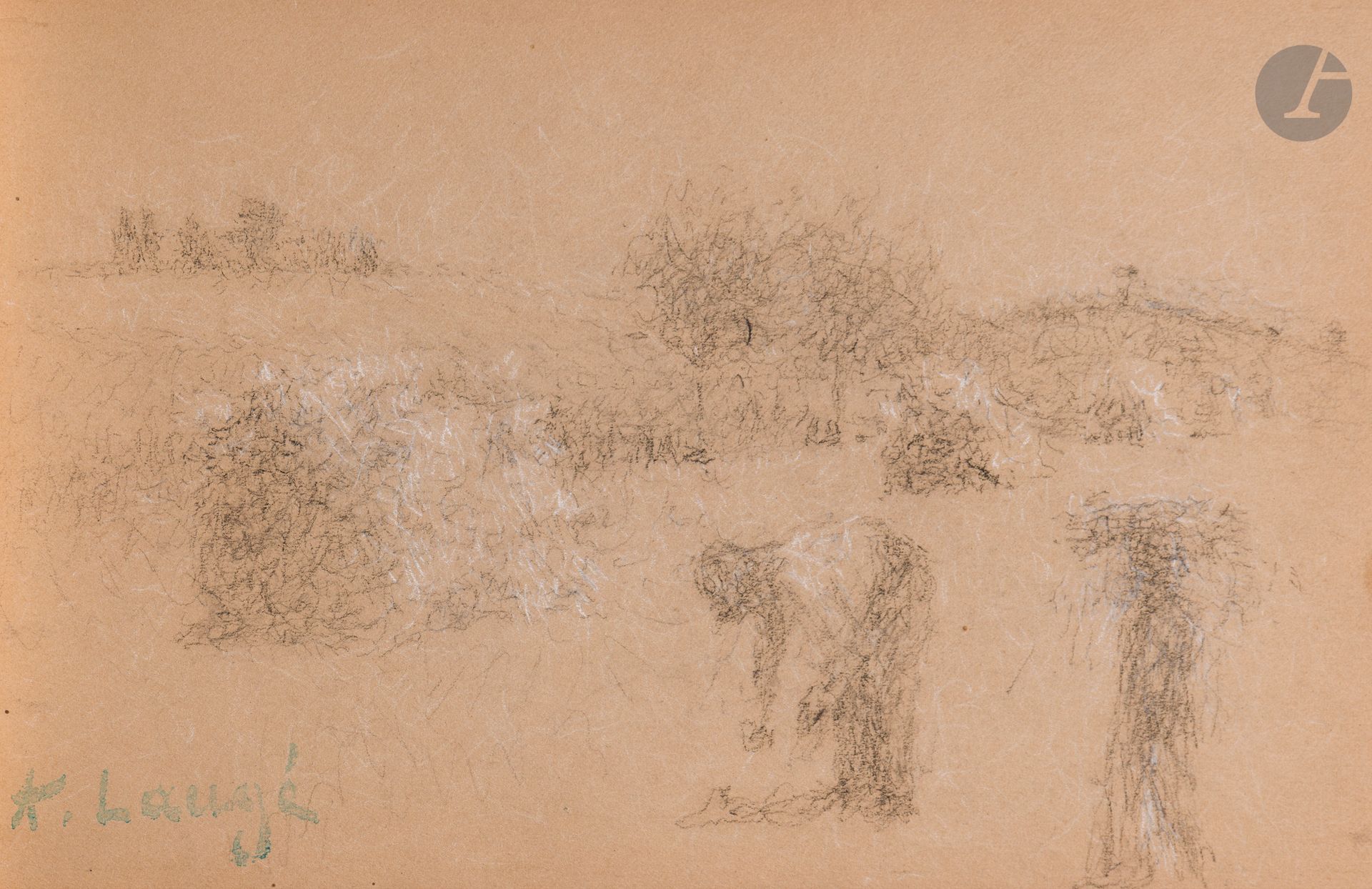 Achille LAUGÉ (1861 - 1944)
In the field
Black and white chalk.
Signature stamp lower left.
16.5 x 25 cm
