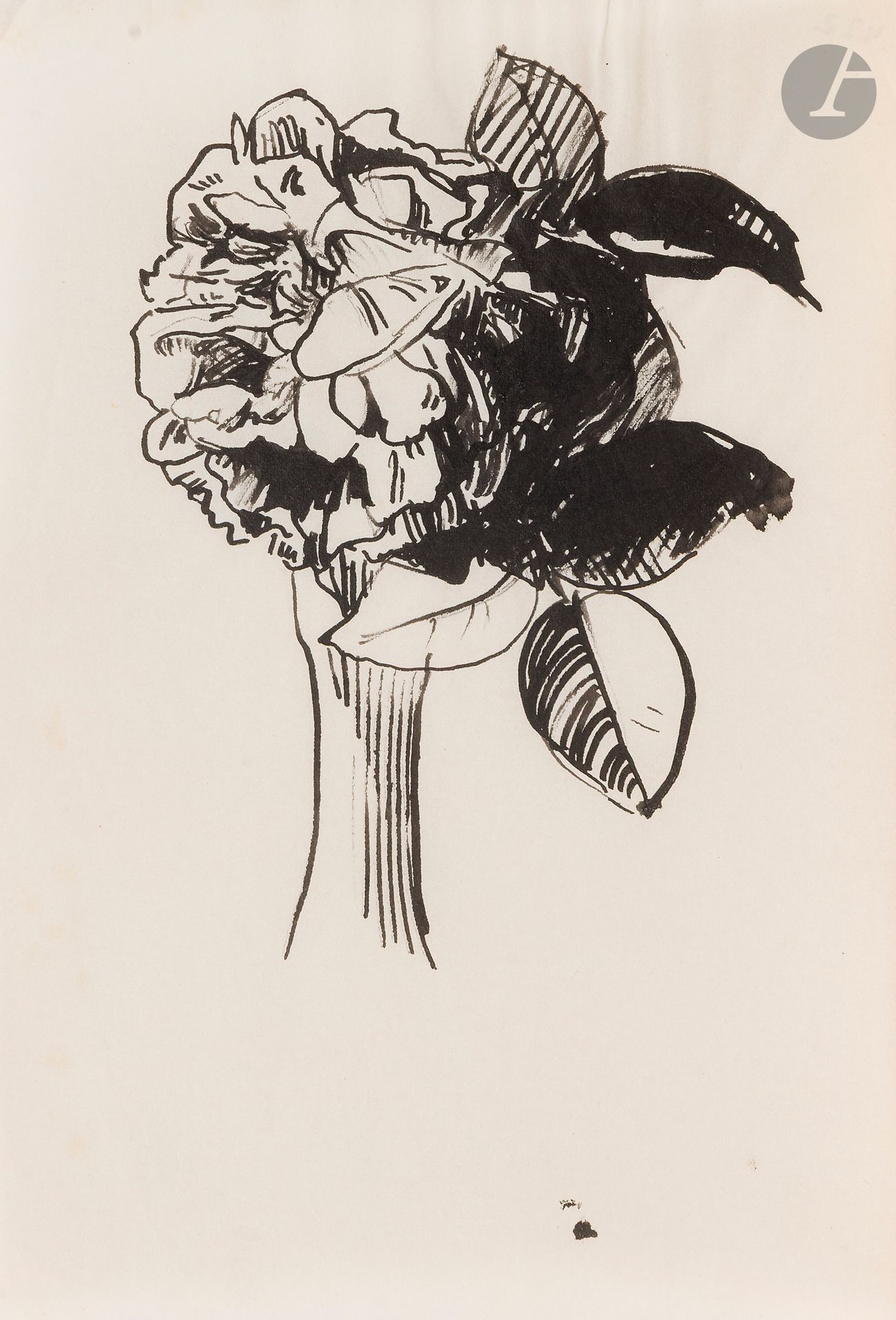 Félix VALLOTTON (1865 - 1925)
Bouquet de fleurs
Encre noire.
Non signée.
(Petits plis).
22,5 x 14,5 cm

Provenance:
- Gabrielle Vallotton, née Bernheim, épouse de Félix Vallotton.
- Madeleine Lecomte du Noüy, née Rodrigues-Henriques, fille de Gabrielle Vallotton et belle-fille de Félix Vallotton. Par descendance.
- Isabelle Lecasble, née Lecomte du Noüy, fille de Madeleine Lecomte du Noüy (son cachet au dos). Par descendance.

Nous remercions Madame Katia Poletti, conservatrice de la Fondation Félix Vallotton pour les informations qu’elle nous a transmises.


Les dessins que nous présentons proviennent de la collection d’Isabelle Lecomte du Noüy et ont été hérités de sa grand-mère, Gabrielle Bernheim. Celle-ci avait épousé en secondes noces le peintre Félix Vallotton, figure majeure du groupe des Nabis et proche d’Édouard Vuillard. 

L’ensemble comprend de nombreuses études de nus, ainsi que plusieurs feuilles préparatoires d’œuvres peintes. Parmi celles-ci figurent notamment une étude pour Femme nue de dos blonde (1907), une étude pour Femme assise de dos (1915) conservé au Kunstmuseum de Luzern, ainsi qu’une étude en relation avec le tableau Vue d’Avignon (1920). Ces feuilles révèlent le processus créatif de Vallotton : l’artiste y explore les attitudes des figures, met en place la composition et l’équilibre des formes, tout en inscrivant directement sur le papier des annotations de couleurs destinées à guider l’élaboration de la peinture.

Cet ensemble, demeuré au sein d’une famille étroitement liée au nabisme et à ses représentants, apparaît aujourd’hui comme un témoignage particulièrement précieux. Afin d’en matérialiser la provenance, un cachet de collection aux initiales d’Isabelle Lecomte du Noüy a été apposé au verso de chacun des dessins.
