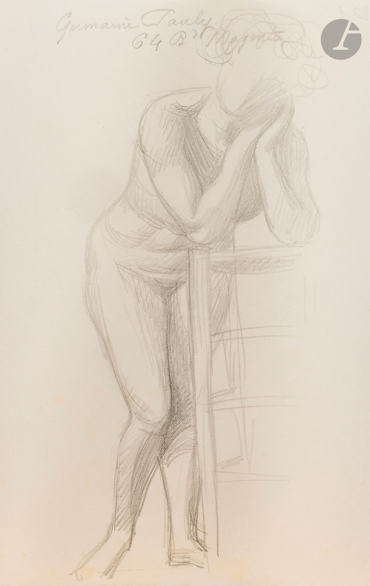 Félix VALLOTTON (1865 - 1925)
Standing Nude Woman
Lead pencil.
Unsigned.
Annotated: "Germaine Pauly / 64 Bd Magenta".
22.5 x 14 cm

Provenance
- Gabrielle Vallotton, née Bernheim, wife of Félix Vallotton.
- Madeleine Lecomte du Noüy, née Rodrigues-Henriques, daughter of Gabrielle Vallotton and daughter-in-law of Félix Vallotton. By descent.
- Isabelle Lecasble, née Lecomte du Noüy, daughter of Madeleine Lecomte du Noüy (her stamp on the back). By descent.

We would like to thank Madame Katia Poletti, curator of the Félix Vallotton Foundation, for the information she provided.

The drawings we are presenting come from the collection of Isabelle Lecomte du Noüy and were inherited from her grandmother, Gabrielle Bernheim. Her grandmother, Gabrielle Bernheim, had married the painter Félix Vallotton, a major figure in the Nabis group and a close associate of Édouard Vuillard. 

The set includes numerous nude studies, as well as several preparatory sheets for painted works. These include a study for Femme nue de dos blonde (1907), a study for Femme assise de dos (1915) in the Kunstmuseum Luzern, and a study for the painting Vue d'Avignon (1920). These sheets reveal Vallotton's creative process: the artist explores the attitudes of the figures, sets up the composition and balance of forms, while inscribing color annotations directly on the paper to guide the elaboration of the painting.

This collection, which remained in a family closely linked to Nabism and its representatives, is today a particularly precious testimony. To identify its provenance, a collection stamp bearing Isabelle Lecomte du Noüy's initials has been affixed to the reverse of each drawing.