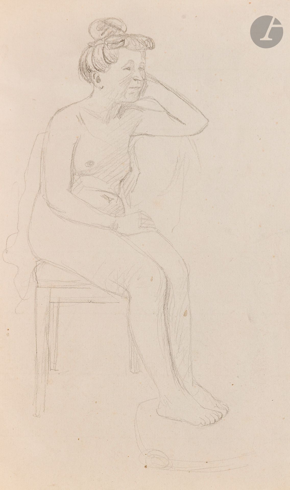 Félix VALLOTTON (1865 - 1925)
Seated nude woman with bun
Graphite on laid paper.
Unsigned.
22 x 13 cm

Provenance
- Gabrielle Vallotton, née Bernheim, wife of Félix Vallotton.
- Madeleine Lecomte du Noüy, née Rodrigues-Henriques, daughter of Gabrielle Vallotton and daughter-in-law of Félix Vallotton. By descent.
- Isabelle Lecasble, née Lecomte du Noüy, daughter of Madeleine Lecomte du Noüy (her stamp on the back). By descent.

We would like to thank Madame Katia Poletti, curator of the Félix Vallotton Foundation, for the information she provided.


The drawings we are presenting come from the collection of Isabelle Lecomte du Noüy and were inherited from her grandmother, Gabrielle Bernheim. Her grandmother, Gabrielle Bernheim, had married the painter Félix Vallotton, a major figure in the Nabis group and a close associate of Édouard Vuillard. 

The set includes numerous nude studies, as well as several preparatory sheets for painted works. These include a study for Femme nue de dos blonde (1907), a study for Femme assise de dos (1915) in the Kunstmuseum Luzern, and a study for the painting Vue d'Avignon (1920). These sheets reveal Vallotton's creative process: the artist explores the attitudes of the figures, sets up the composition and balance of forms, while inscribing color annotations directly on the paper to guide the elaboration of the painting.

This collection, which remained in a family closely associated with Nabism and its representatives, is today a particularly precious testimony. To identify its provenance, a collection stamp bearing Isabelle Lecomte du Noüy's initials has been affixed to the reverse of each drawing.