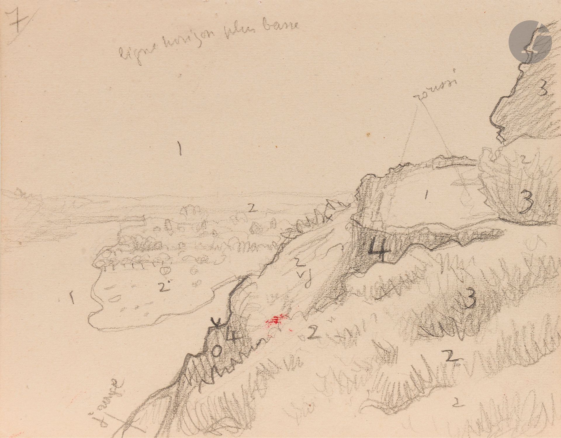 Félix VALLOTTON (1865 - 1925)
Tournant de route au-dessus de la Loire et annotations de couleurs, 1923
Mine de plomb sur page de carnet.
Non signée.
(Bord supérieur irrégulier, petite tache d’encre rouge).
11,5 x 15 cm

Provenance:
- Gabrielle Vallotton, née Bernheim, épouse de Félix Vallotton.
- Madeleine Lecomte du Noüy, née Rodrigues-Henriques, fille de Gabrielle Vallotton et belle-fille de Félix Vallotton. Par descendance.
- Isabelle Lecasble, née Lecomte du Noüy, fille de Madeleine Lecomte du Noüy (son cachet au dos). Par descendance.

Oeuvre en rapport : 
Tournant de route au-dessus de la Loire, 1923 reproduit in Marina Ducrey, avec la collaboration de Katia Poletti, Félix Vallotton (1865–1925), L’œuvre peint, Volume III, Lausanne, Fondation Félix Vallotton, Lausanne/Zurich, Institut suisse pour l’étude de l’art (Catalogues raisonnés d’artistes suisses 22), Milan, 5 Continents Éditions, 2005, n°1532, p. 806. 

Nous remercions Madame Katia Poletti, conservatrice de la Fondation Félix Vallotton pour les informations qu’elle nous a transmises.


Les dessins que nous présentons proviennent de la collection d’Isabelle Lecomte du Noüy et ont été hérités de sa grand-mère, Gabrielle Bernheim. Celle-ci avait épousé en secondes noces le peintre Félix Vallotton, figure majeure du groupe des Nabis et proche d’Édouard Vuillard. 

L’ensemble comprend de nombreuses études de nus, ainsi que plusieurs feuilles préparatoires d’œuvres peintes. Parmi celles-ci figurent notamment une étude pour Femme nue de dos blonde (1907), une étude pour Femme assise de dos (1915) conservé au Kunstmuseum de Luzern, ainsi qu’une étude en relation avec le tableau Vue d’Avignon (1920). Ces feuilles révèlent le processus créatif de Vallotton : l’artiste y explore les attitudes des figures, met en place la composition et l’équilibre des formes, tout en inscrivant directement sur le papier des annotations de couleurs destinées à guider l’élaboration de la peinture.

Cet ensemble, demeuré au sein d’une famille étroitement liée au nabisme et à ses représentants, apparaît aujourd’hui comme un témoignage particulièrement précieux. Afin d’en matérialiser la provenance, un cachet de collection aux initiales d’Isabelle Lecomte du Noüy a été apposé au verso de chacun des dessins.
