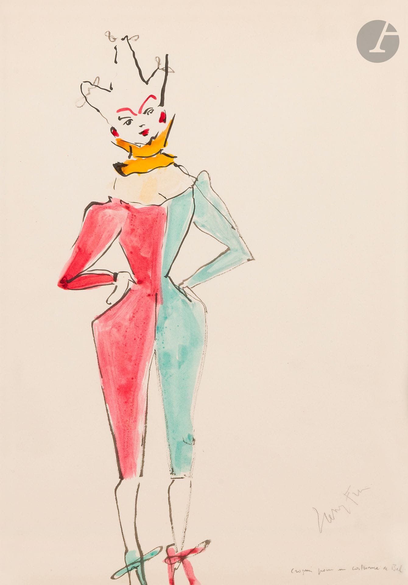 Leonor FINI (1908 - 1996)
Croquis pour un costume de bal, 1955
Encre et aquarelle.
Signée et titrée en bas à droite.
37 x 26,5 cm

Provenance:
Galerie Minsky, Paris (étiquette au dos du montage).