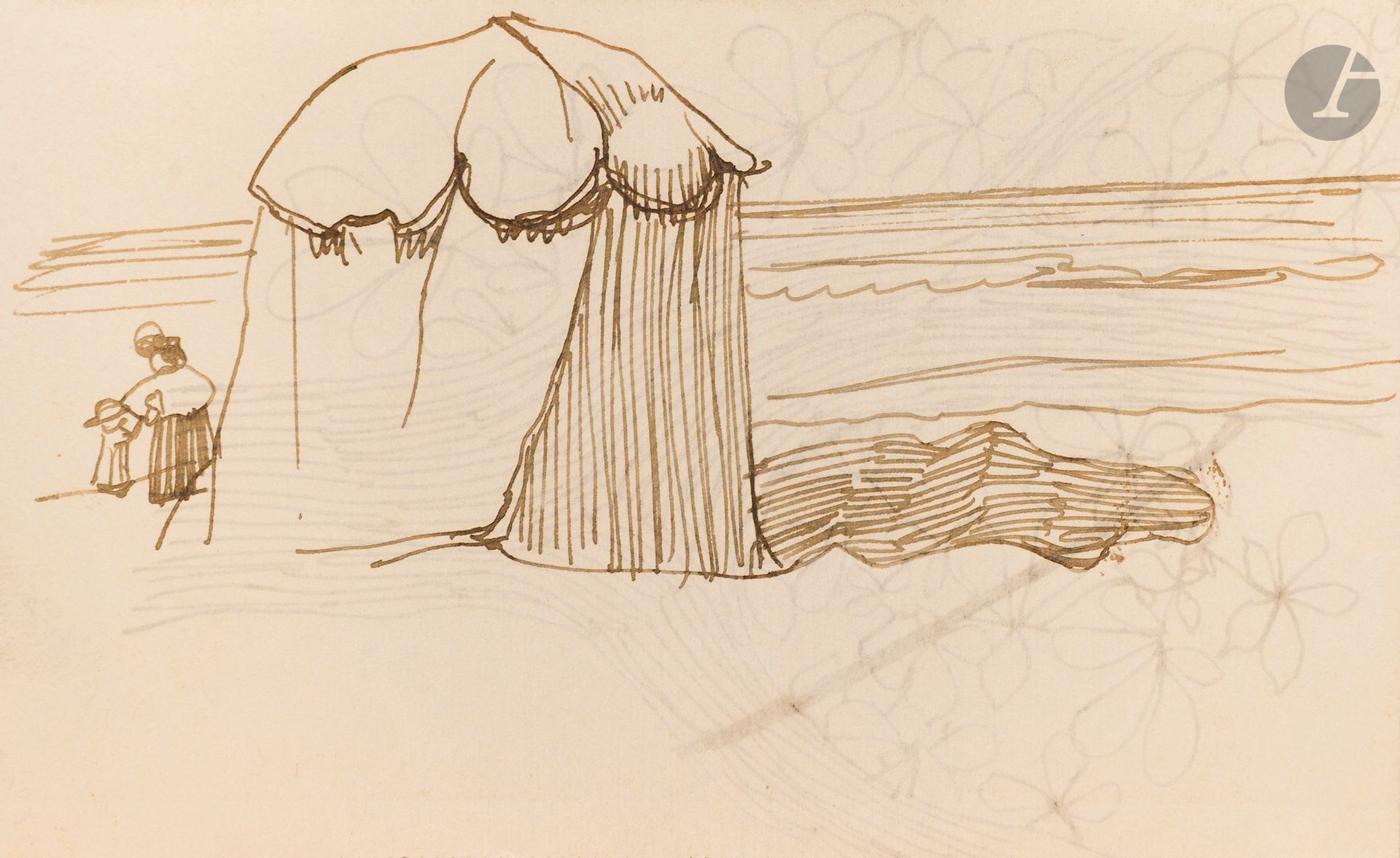 Félix VALLOTTON (1865 - 1925)
Scène animée sur la plage - Arbre en fleur
Deux encres brunes recto-verso sur page de carnet.
Non signées.
10 x 16 cm

Provenance:
- Gabrielle Vallotton, née Bernheim, épouse de Félix Vallotton.
- Madeleine Lecomte du Noüy, née Rodrigues-Henriques, fille de Gabrielle Vallotton et belle-fille de Félix Vallotton. Par descendance.
- Isabelle Lecasble, née Lecomte du Noüy, fille de Madeleine Lecomte du Noüy (son cachet au dos). Par descendance.

Nous remercions Madame Katia Poletti, conservatrice de la Fondation Félix Vallotton pour les informations qu’elle nous a transmises.


Les dessins que nous présentons proviennent de la collection d’Isabelle Lecomte du Noüy et ont été hérités de sa grand-mère, Gabrielle Bernheim. Celle-ci avait épousé en secondes noces le peintre Félix Vallotton, figure majeure du groupe des Nabis et proche d’Édouard Vuillard. 

L’ensemble comprend de nombreuses études de nus, ainsi que plusieurs feuilles préparatoires d’œuvres peintes. Parmi celles-ci figurent notamment une étude pour Femme nue de dos blonde (1907), une étude pour Femme assise de dos (1915) conservé au Kunstmuseum de Luzern, ainsi qu’une étude en relation avec le tableau Vue d’Avignon (1920). Ces feuilles révèlent le processus créatif de Vallotton : l’artiste y explore les attitudes des figures, met en place la composition et l’équilibre des formes, tout en inscrivant directement sur le papier des annotations de couleurs destinées à guider l’élaboration de la peinture.

Cet ensemble, demeuré au sein d’une famille étroitement liée au nabisme et à ses représentants, apparaît aujourd’hui comme un témoignage particulièrement précieux. Afin d’en matérialiser la provenance, un cachet de collection aux initiales d’Isabelle Lecomte du Noüy a été apposé au verso de chacun des dessins.